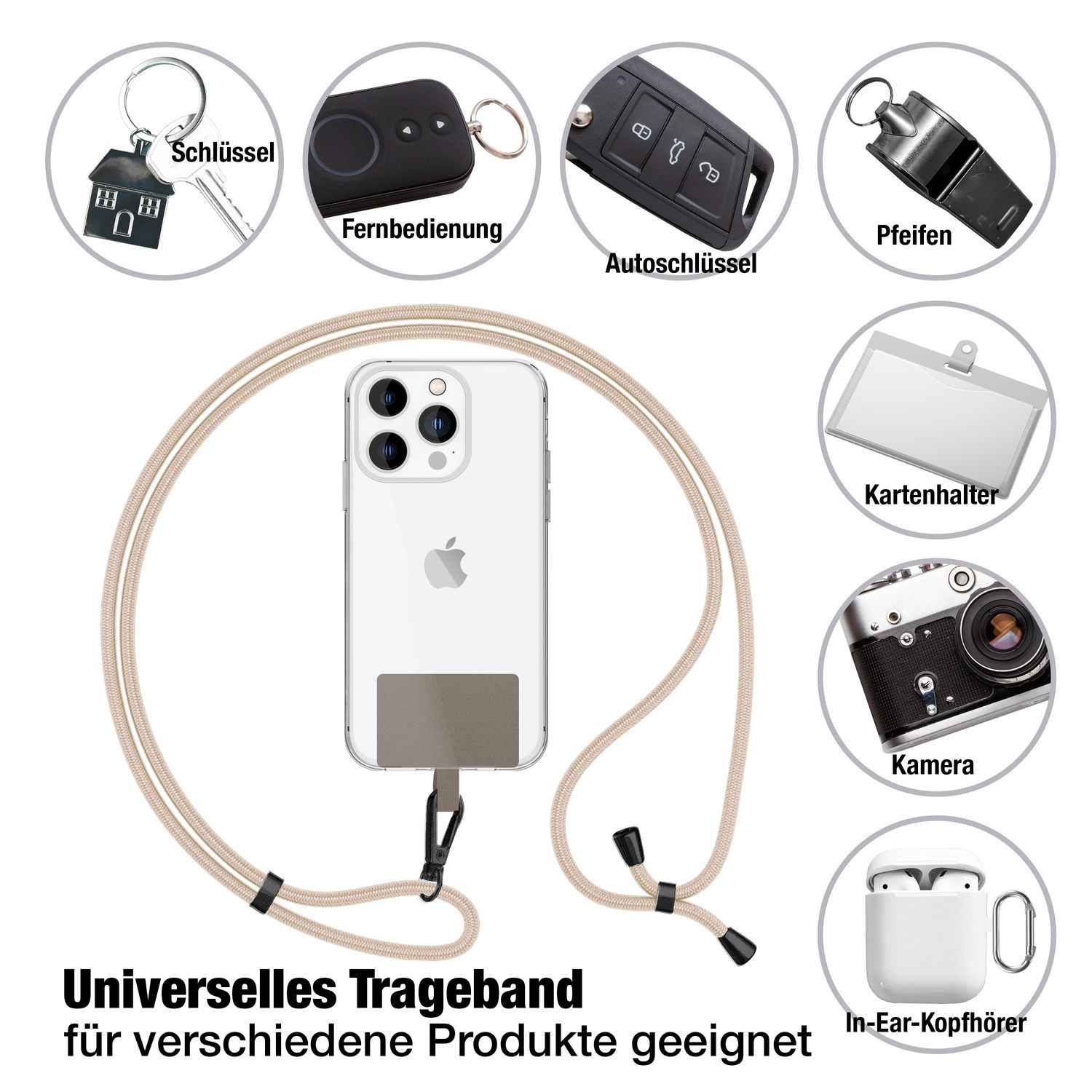 NALIA Universal-Kette mit Pad, Band für Handy-Hülle zum Umhängen, Karabinerhaken aus Metall (matt schwarz), Schlüsselband Umhängeband 160 CM, Crossbody Lanyard