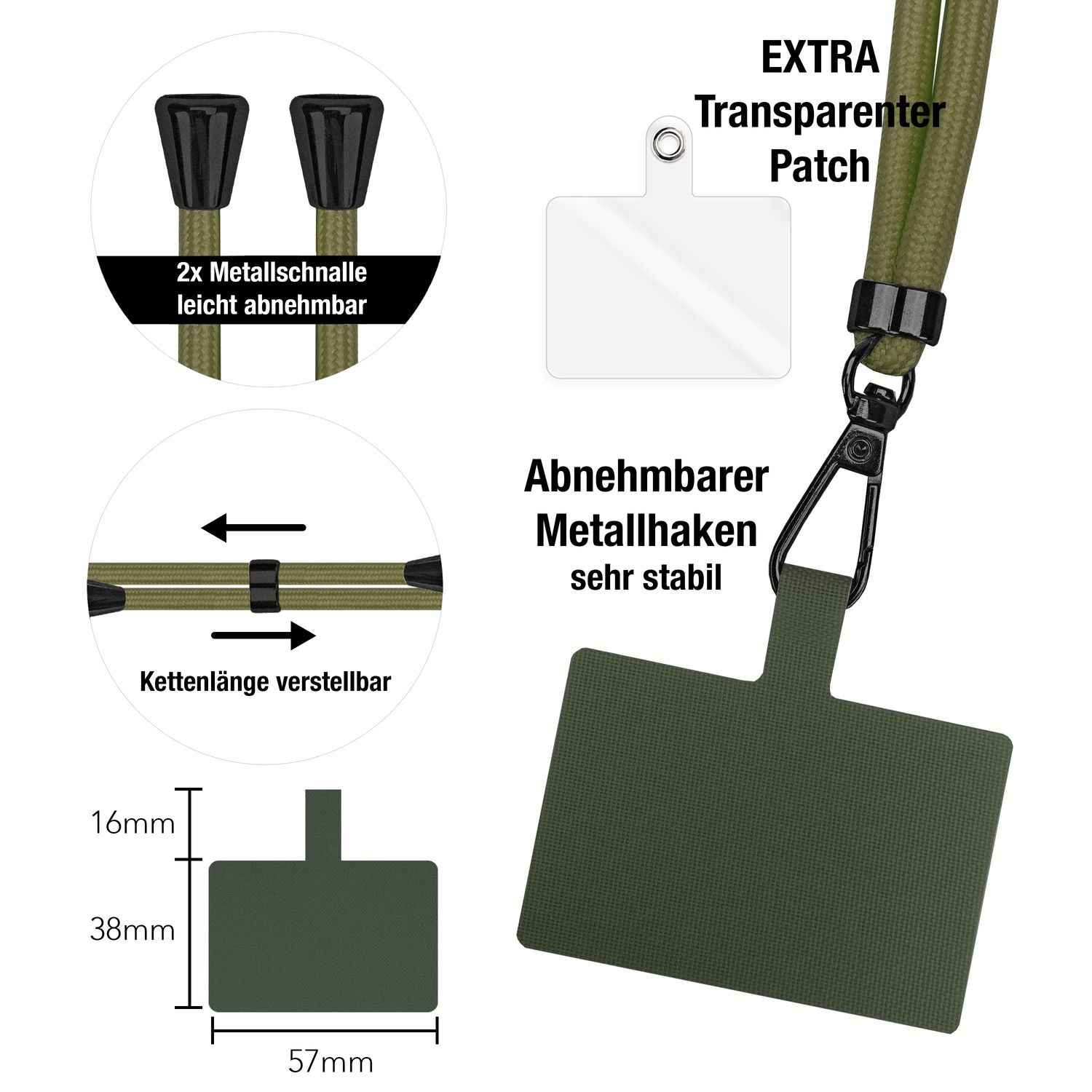 NALIA Universal-Kette mit Pad, Band für Handy-Hülle zum Umhängen, Karabinerhaken aus Metall (matt schwarz), Schlüsselband Umhängeband 160 CM, Crossbody Lanyard