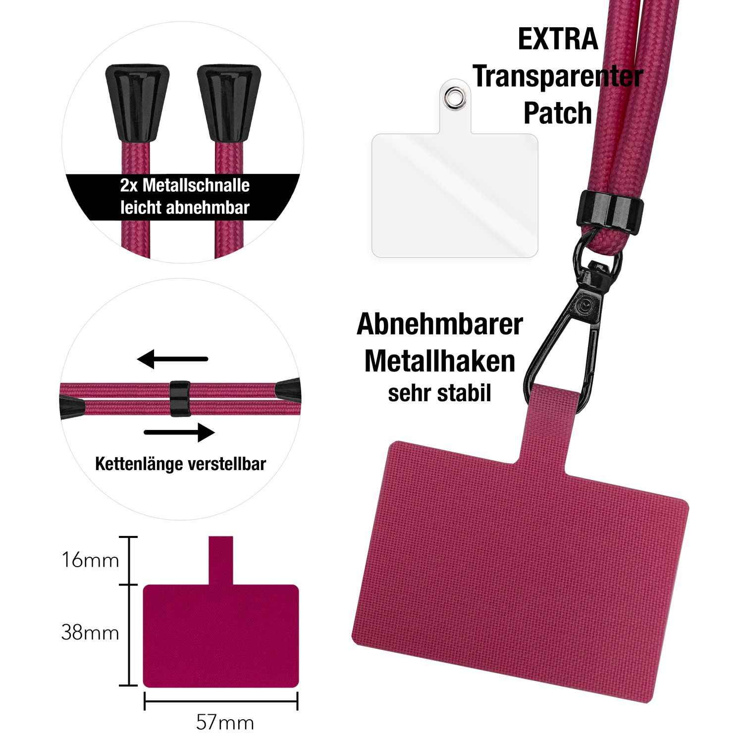 NALIA Universal-Kette mit Pad, Band für Handy-Hülle zum Umhängen, Karabinerhaken aus Metall (matt schwarz), Schlüsselband Umhängeband 160 CM, Crossbody Lanyard