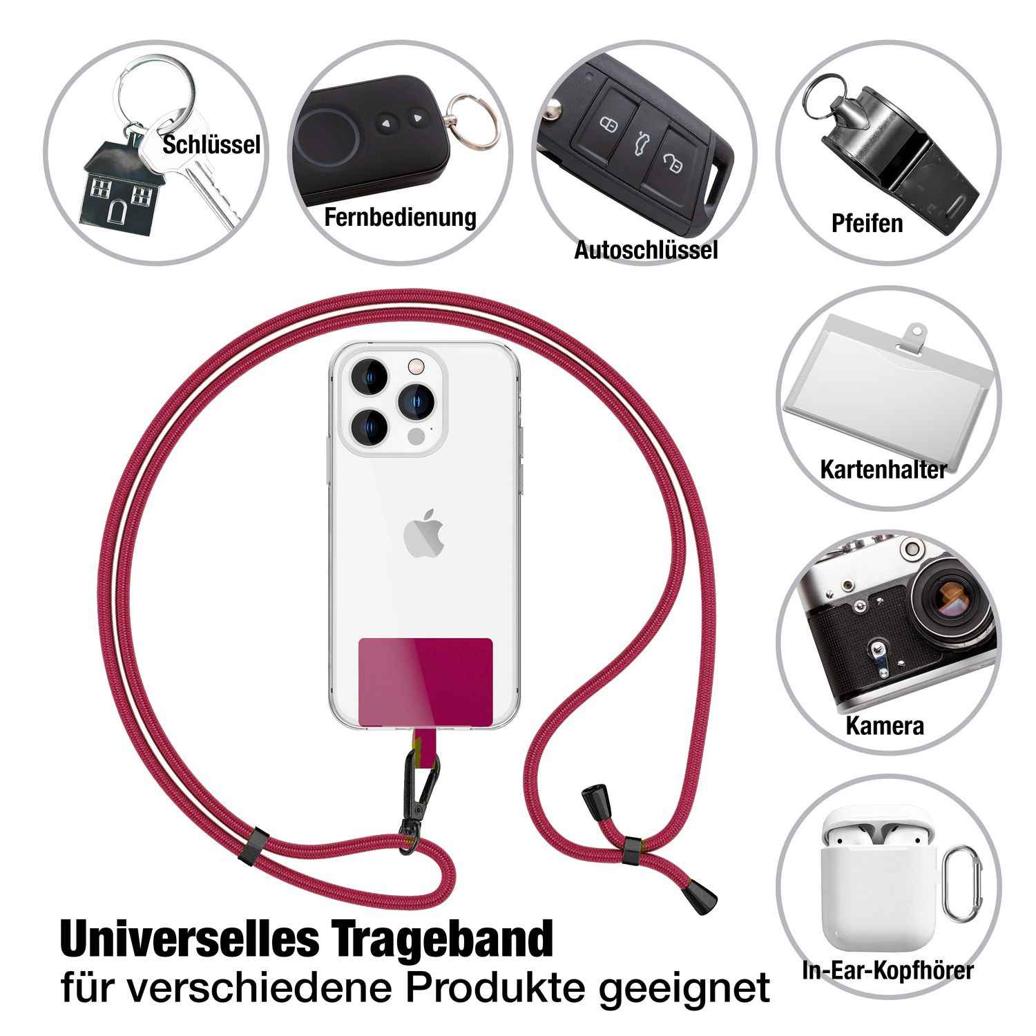 NALIA Universal-Kette mit Pad, Band für Handy-Hülle zum Umhängen, Karabinerhaken aus Metall (matt schwarz), Schlüsselband Umhängeband 160 CM, Crossbody Lanyard