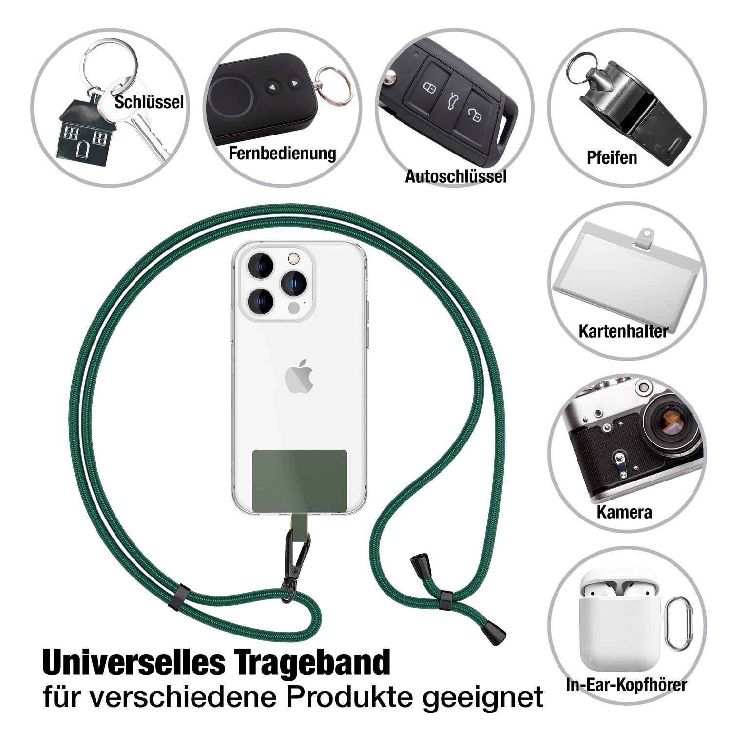 NALIA Universal-Kette mit Pad, Band für Handy-Hülle zum Umhängen, Karabinerhaken aus Metall (matt schwarz), Schlüsselband Umhängeband 160 CM, Crossbody Lanyard