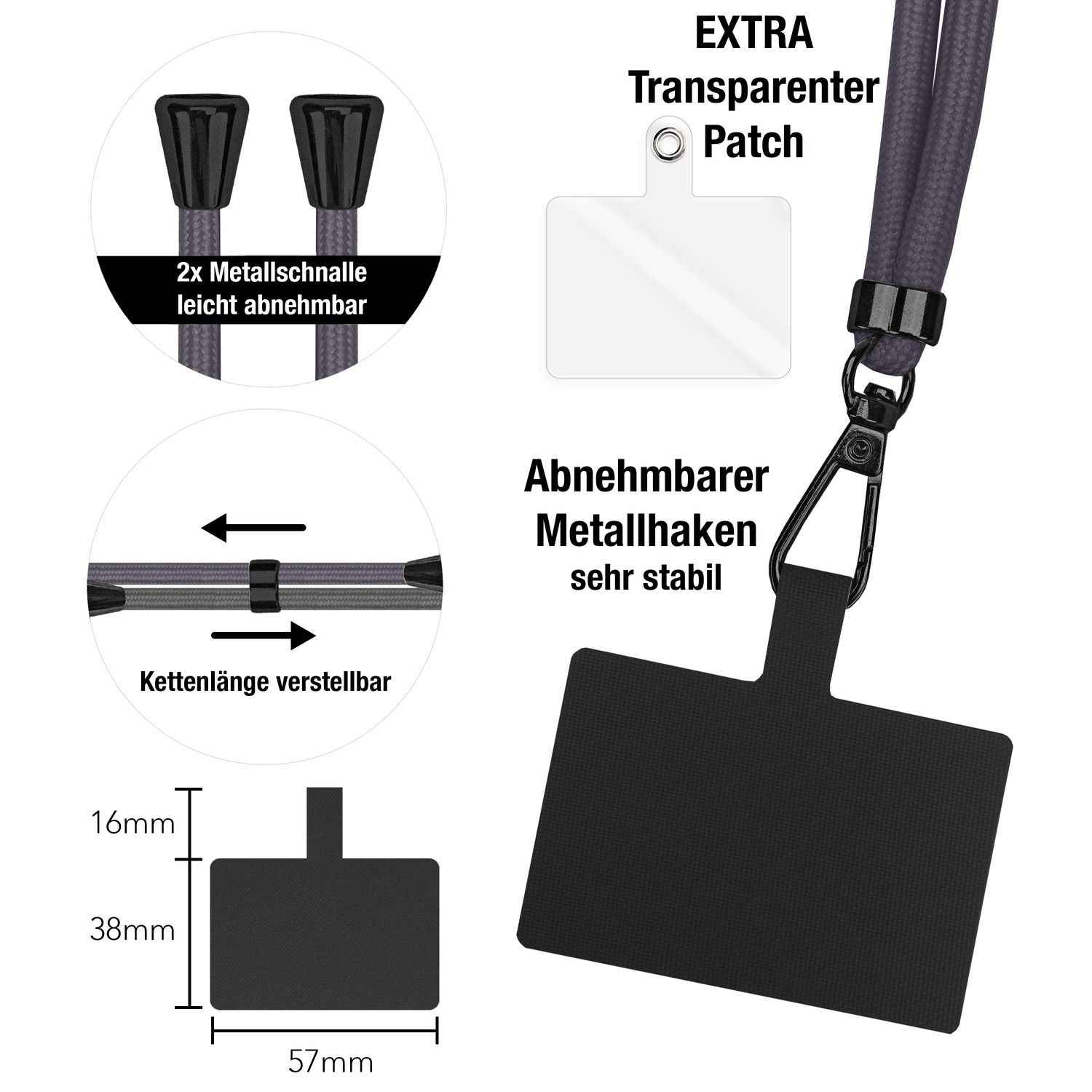 NALIA Universal-Kette mit Pad, Band für Handy-Hülle zum Umhängen, Karabinerhaken aus Metall (matt schwarz), Schlüsselband Umhängeband 160 CM, Crossbody Lanyard