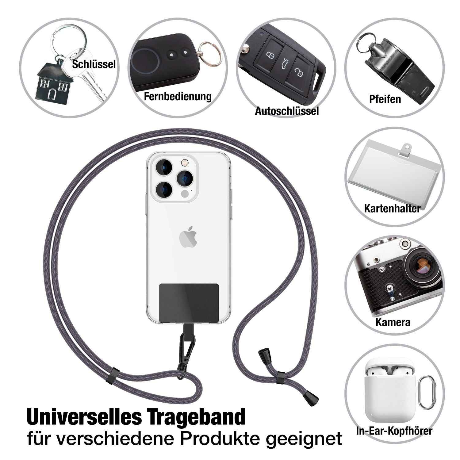 NALIA Universal-Kette mit Pad, Band für Handy-Hülle zum Umhängen, Karabinerhaken aus Metall (matt schwarz), Schlüsselband Umhängeband 160 CM, Crossbody Lanyard