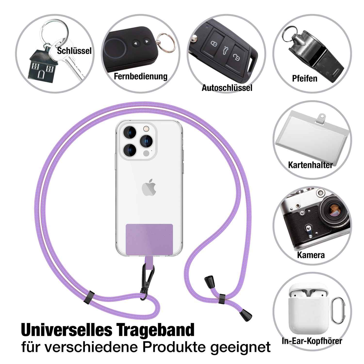 NALIA Universal-Kette mit Pad, Band für Handy-Hülle zum Umhängen, Karabinerhaken aus Metall (matt schwarz), Schlüsselband Umhängeband 160 CM, Crossbody Lanyard