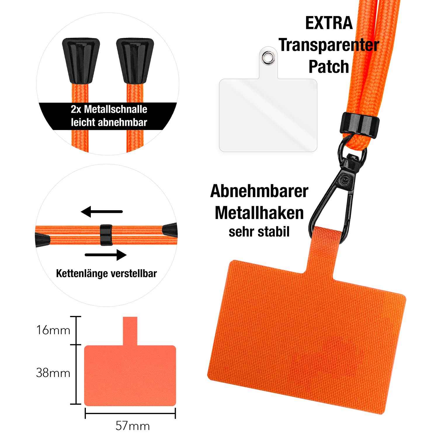 NALIA Universal-Kette mit Pad, Band für Handy-Hülle zum Umhängen, Karabinerhaken aus Metall (matt schwarz), Schlüsselband Umhängeband 160 CM, Crossbody Lanyard