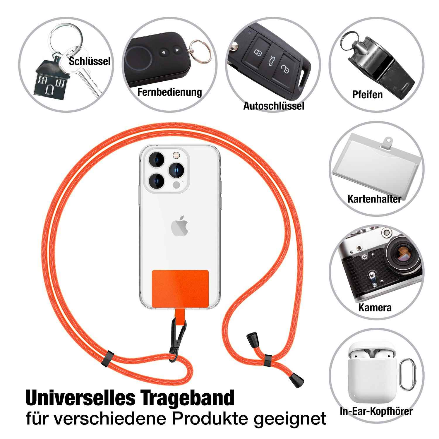 NALIA Universal-Kette mit Pad, Band für Handy-Hülle zum Umhängen, Karabinerhaken aus Metall (matt schwarz), Schlüsselband Umhängeband 160 CM, Crossbody Lanyard