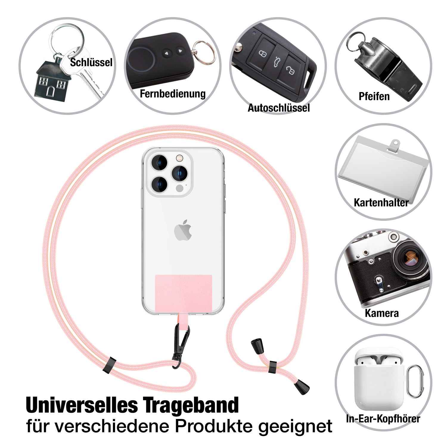 NALIA Universal-Kette mit Pad, Band für Handy-Hülle zum Umhängen, Karabinerhaken aus Metall (matt schwarz), Schlüsselband Umhängeband 160 CM, Crossbody Lanyard