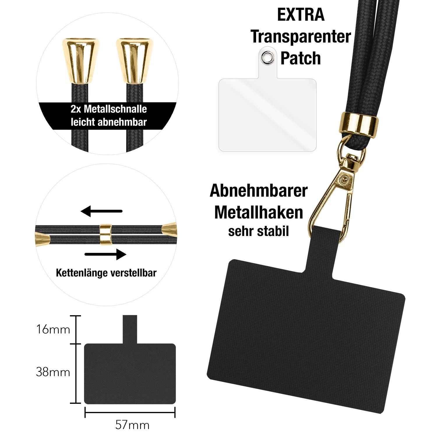 NALIA Universal-Kette mit Pad, Band für Handy-Hülle zum Umhängen, Karabinerhaken aus Metall (gold), Schlüsselband Umhängeband 160 CM, Crossbody Lanyard