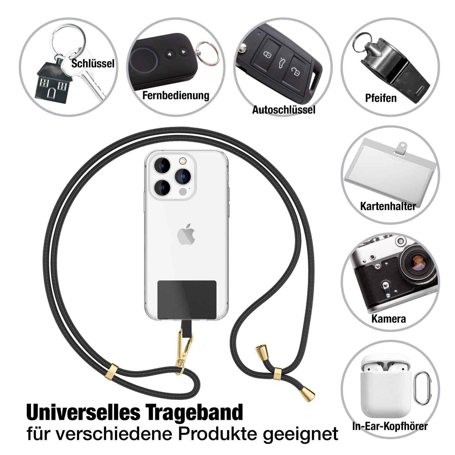 NALIA Universal-Kette mit Pad, Band für Handy-Hülle zum Umhängen, Karabinerhaken aus Metall (gold), Schlüsselband Umhängeband 160 CM, Crossbody Lanyard