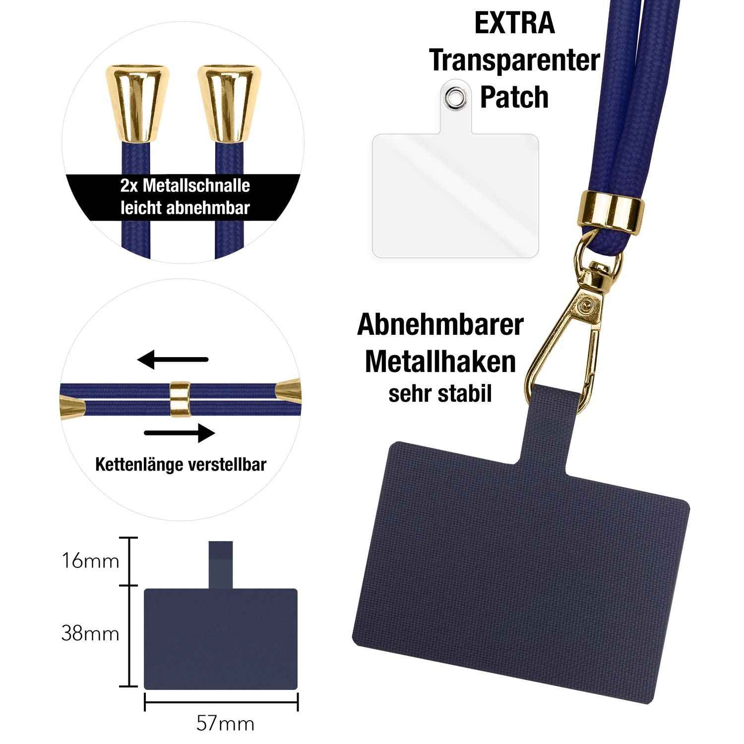 NALIA Universal-Kette mit Pad, Band für Handy-Hülle zum Umhängen, Karabinerhaken aus Metall (gold), Schlüsselband Umhängeband 160 CM, Crossbody Lanyard