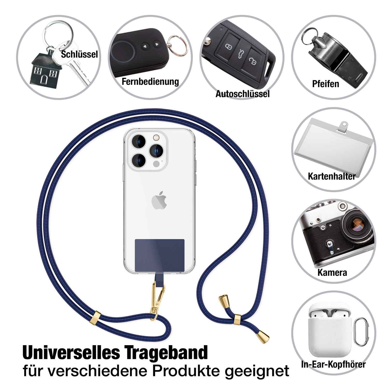 NALIA Universal-Kette mit Pad, Band für Handy-Hülle zum Umhängen, Karabinerhaken aus Metall (gold), Schlüsselband Umhängeband 160 CM, Crossbody Lanyard