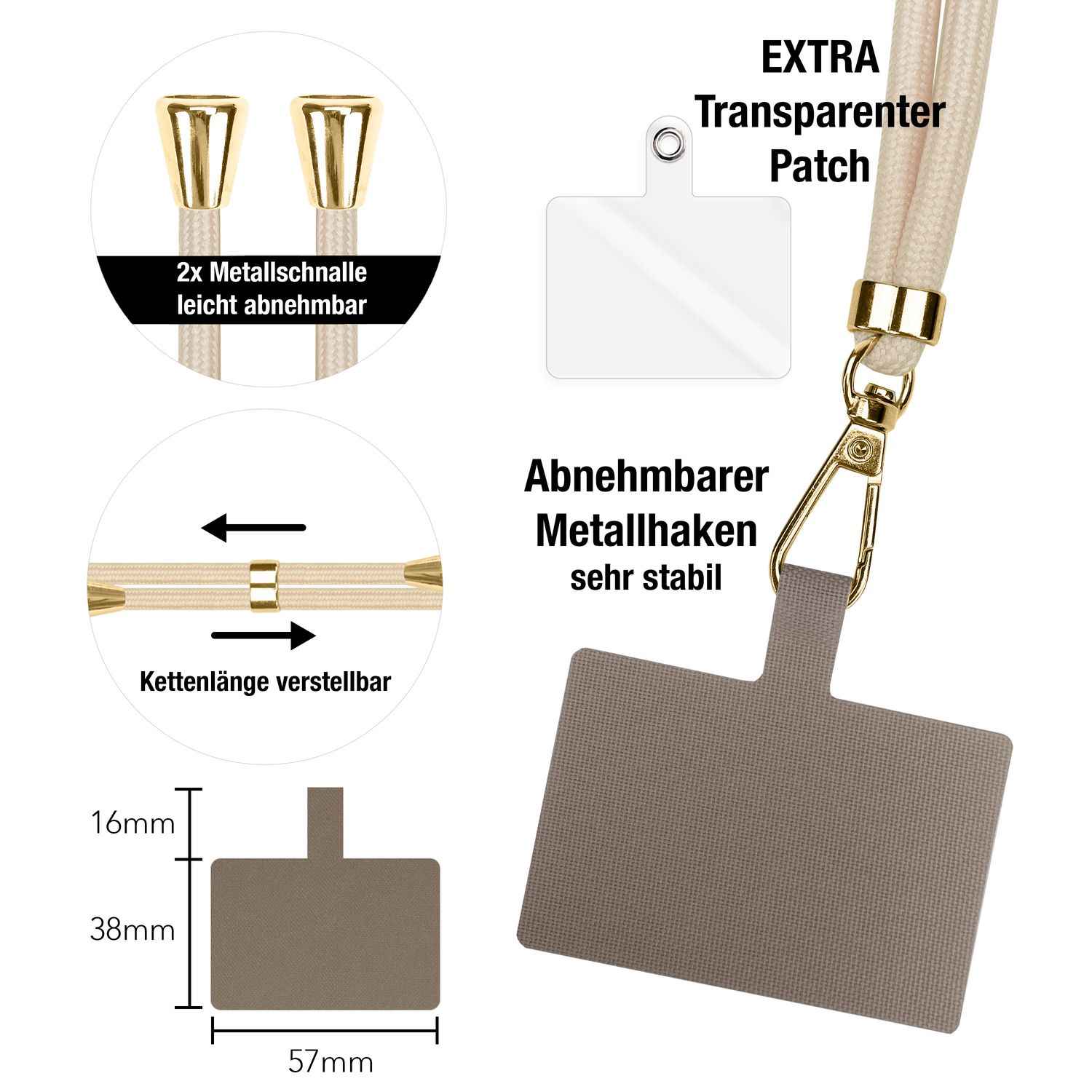 NALIA Universal-Kette mit Pad, Band für Handy-Hülle zum Umhängen, Karabinerhaken aus Metall (gold), Schlüsselband Umhängeband 160 CM, Crossbody Lanyard