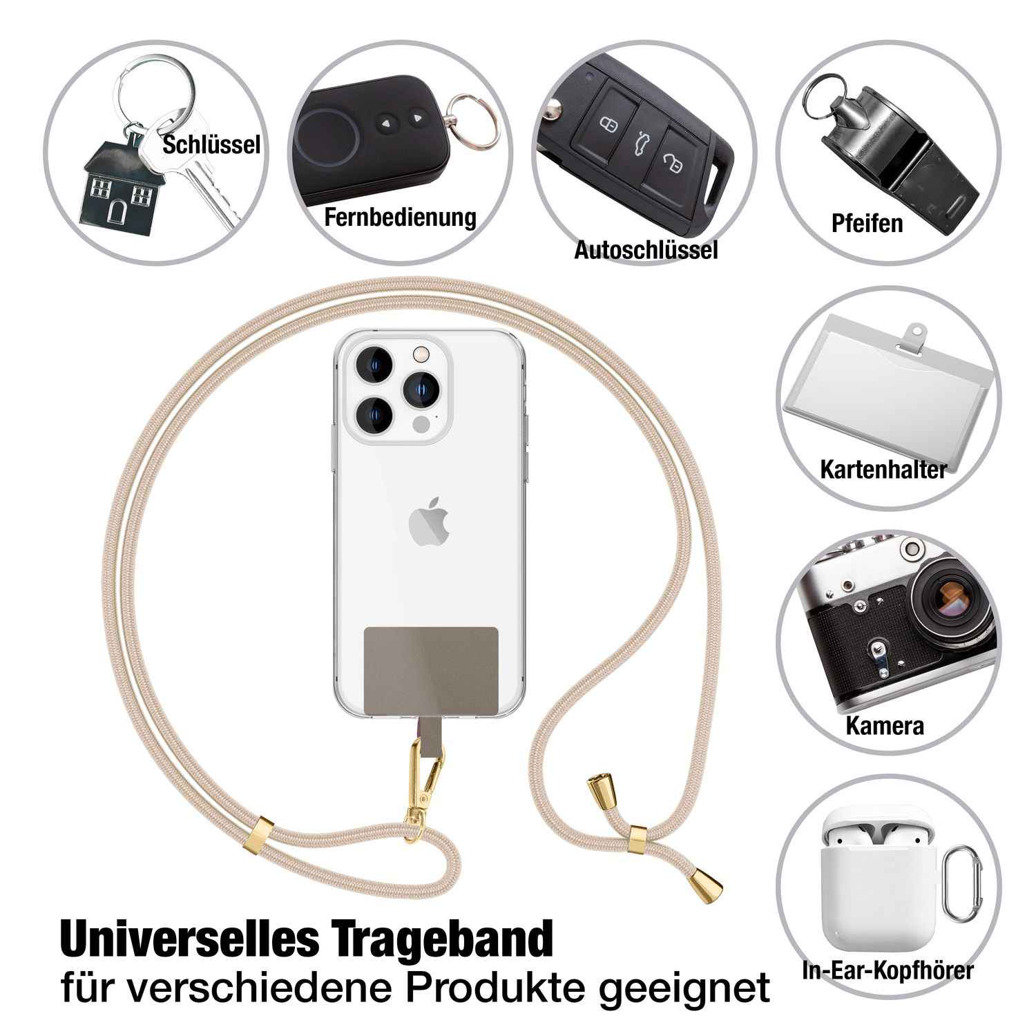 NALIA Universal-Kette mit Pad, Band für Handy-Hülle zum Umhängen, Karabinerhaken aus Metall (gold), Schlüsselband Umhängeband 160 CM, Crossbody Lanyard