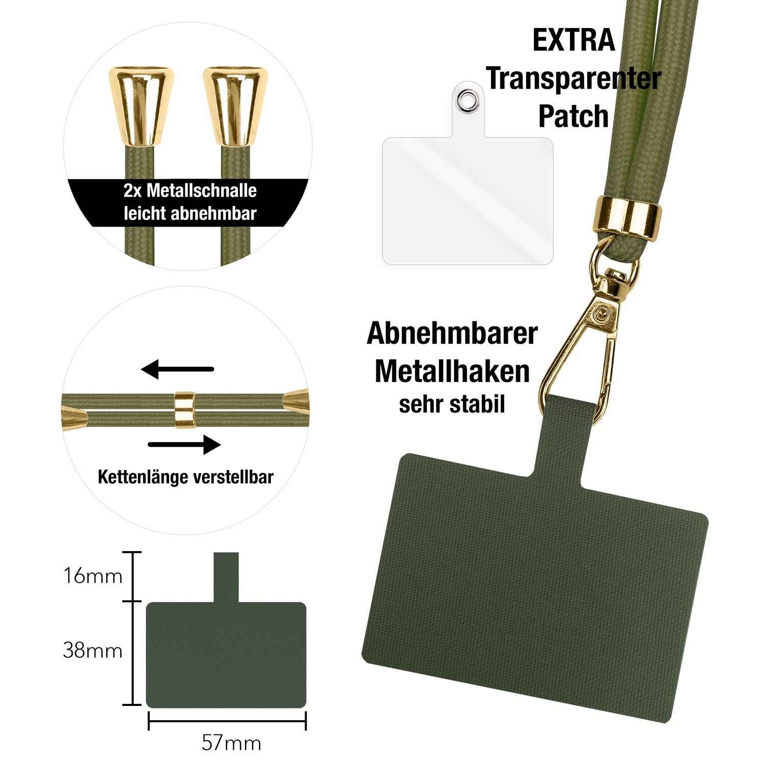 NALIA Universal-Kette mit Pad, Band für Handy-Hülle zum Umhängen, Karabinerhaken aus Metall (gold), Schlüsselband Umhängeband 160 CM, Crossbody Lanyard