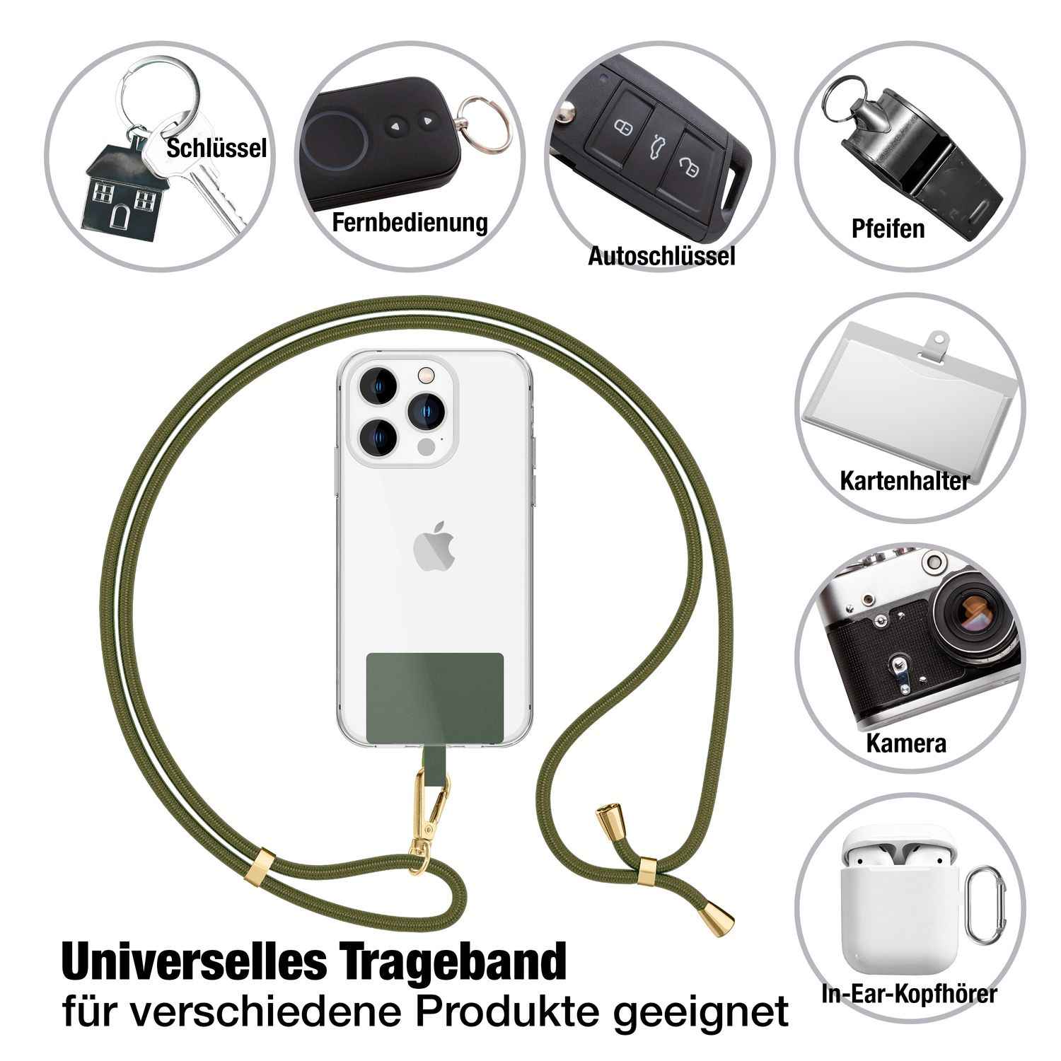 NALIA Universal-Kette mit Pad, Band für Handy-Hülle zum Umhängen, Karabinerhaken aus Metall (gold), Schlüsselband Umhängeband 160 CM, Crossbody Lanyard