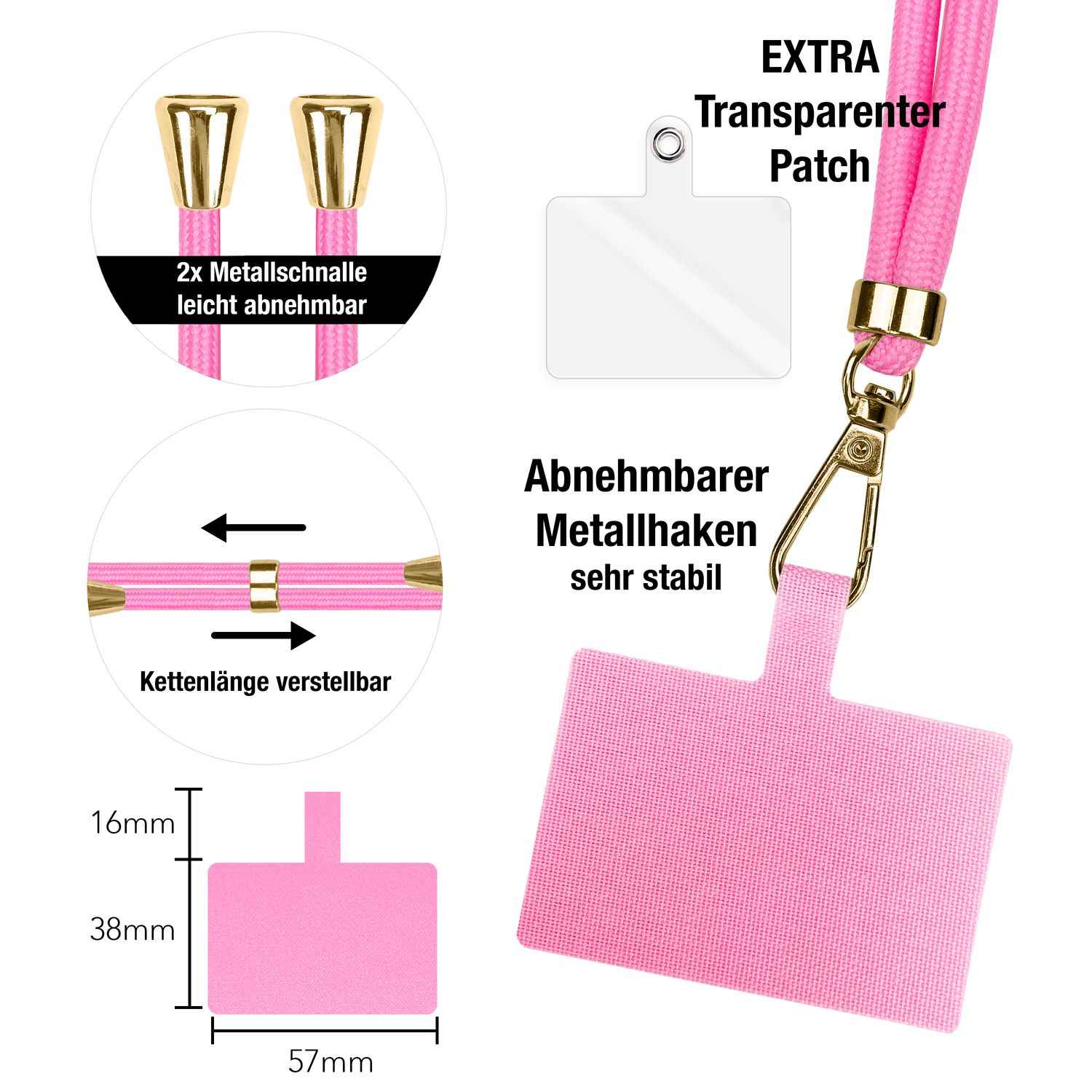 NALIA Universal-Kette mit Pad, Band für Handy-Hülle zum Umhängen, Karabinerhaken aus Metall (gold), Schlüsselband Umhängeband 160 CM, Crossbody Lanyard