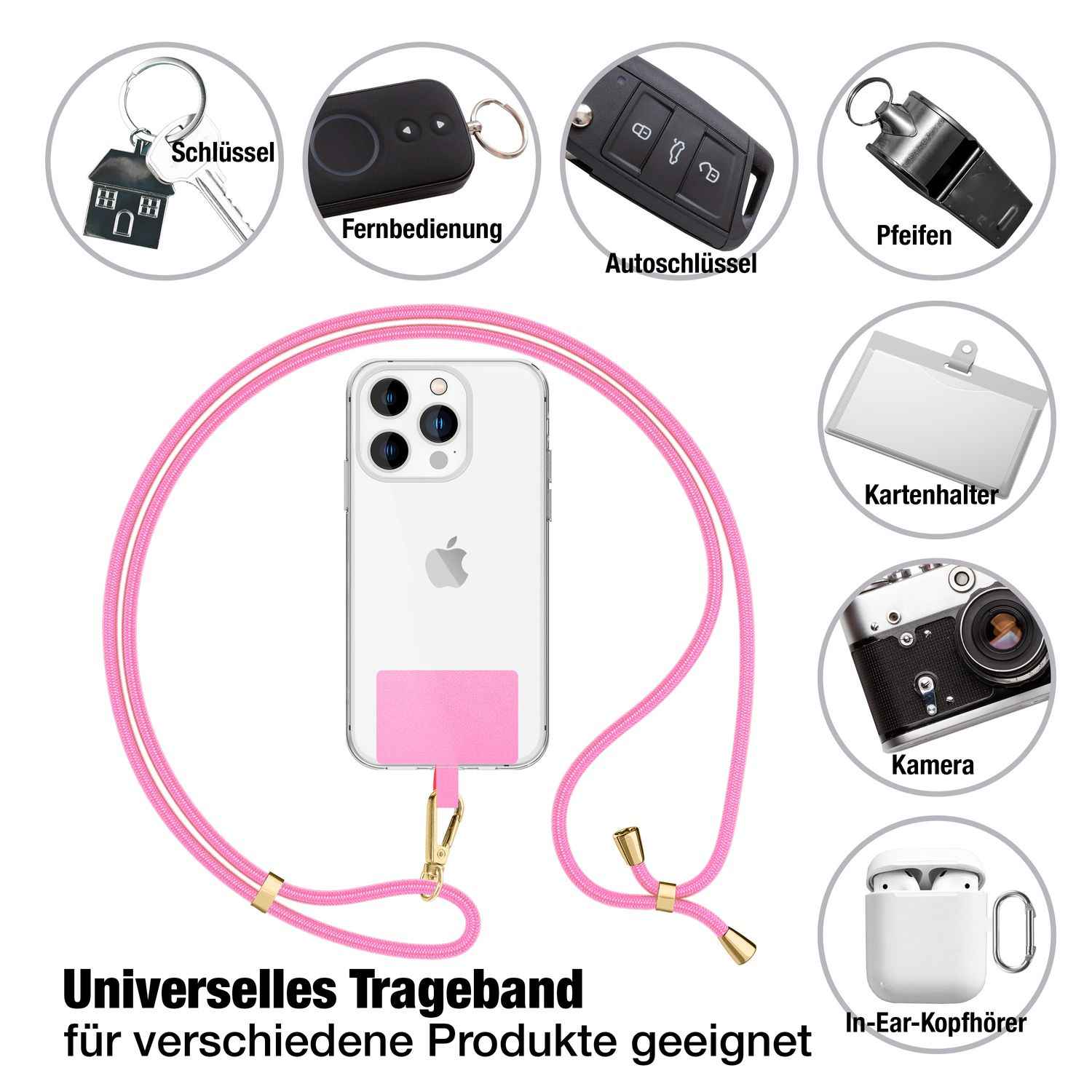 NALIA Universal-Kette mit Pad, Band für Handy-Hülle zum Umhängen, Karabinerhaken aus Metall (gold), Schlüsselband Umhängeband 160 CM, Crossbody Lanyard
