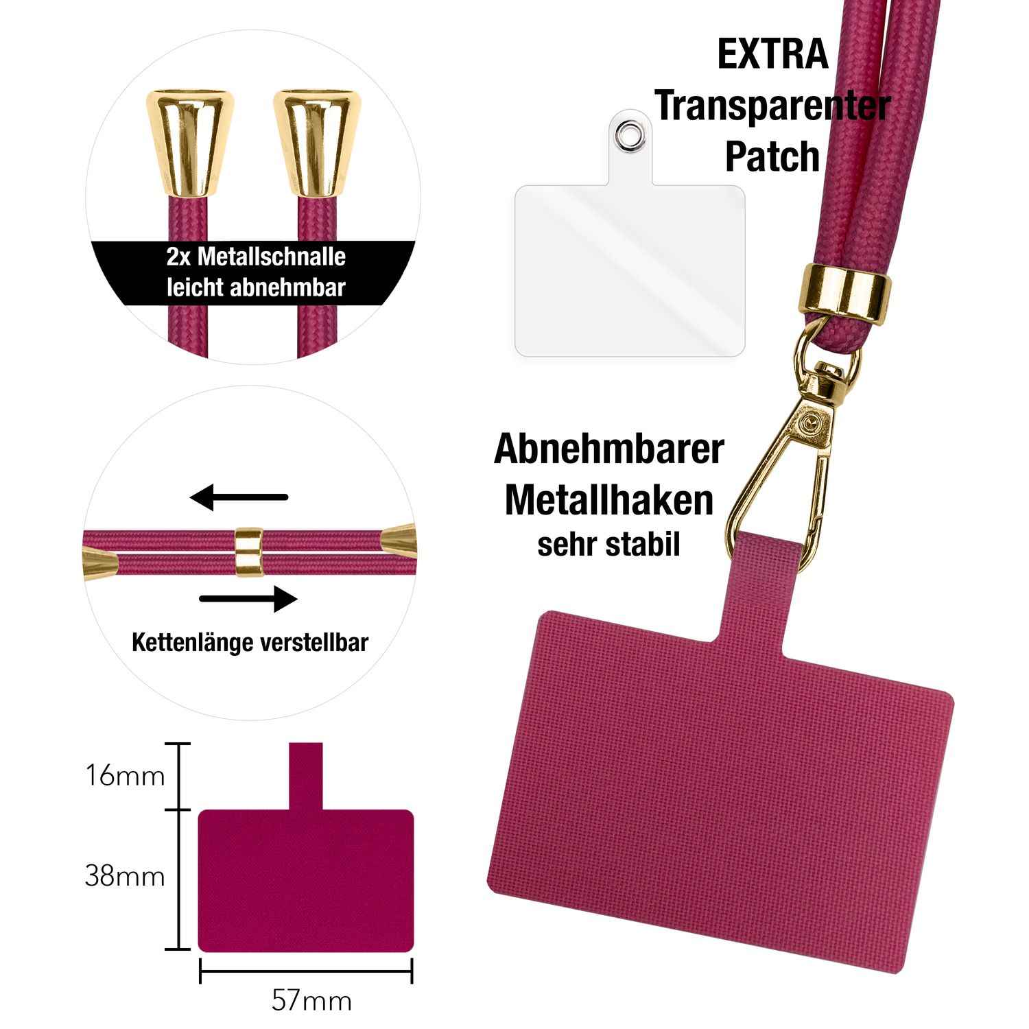 NALIA Universal-Kette mit Pad, Band für Handy-Hülle zum Umhängen, Karabinerhaken aus Metall (gold), Schlüsselband Umhängeband 160 CM, Crossbody Lanyard
