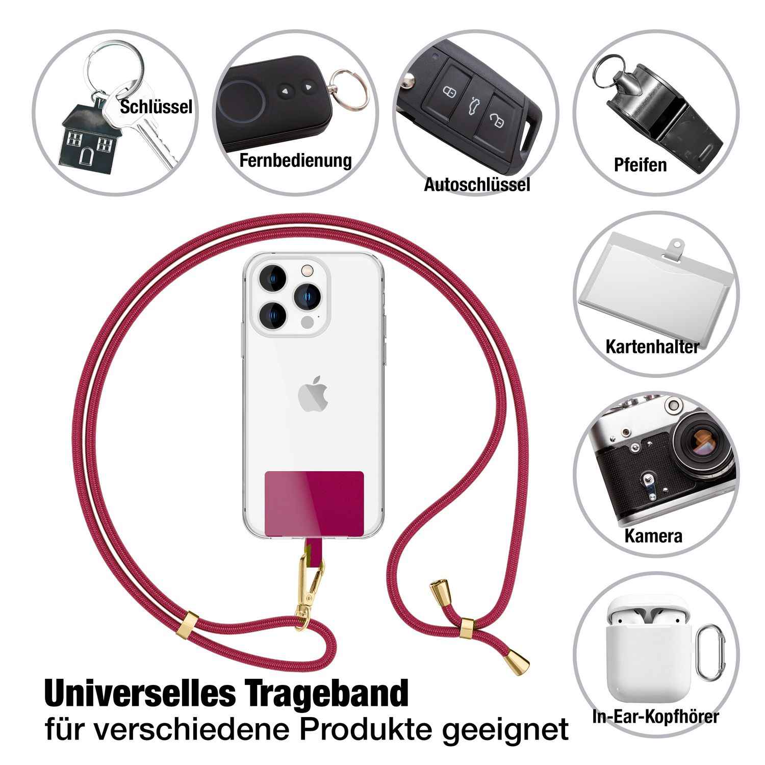 NALIA Universal-Kette mit Pad, Band für Handy-Hülle zum Umhängen, Karabinerhaken aus Metall (gold), Schlüsselband Umhängeband 160 CM, Crossbody Lanyard