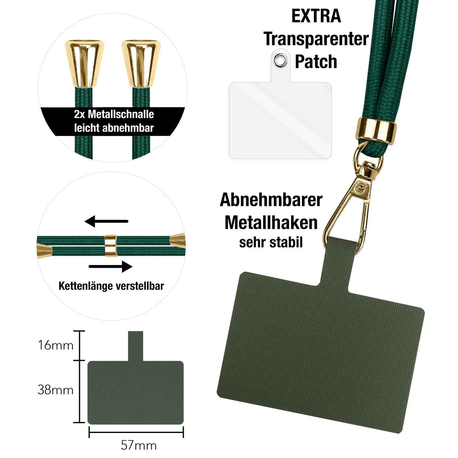 NALIA Universal-Kette mit Pad, Band für Handy-Hülle zum Umhängen, Karabinerhaken aus Metall (gold), Schlüsselband Umhängeband 160 CM, Crossbody Lanyard