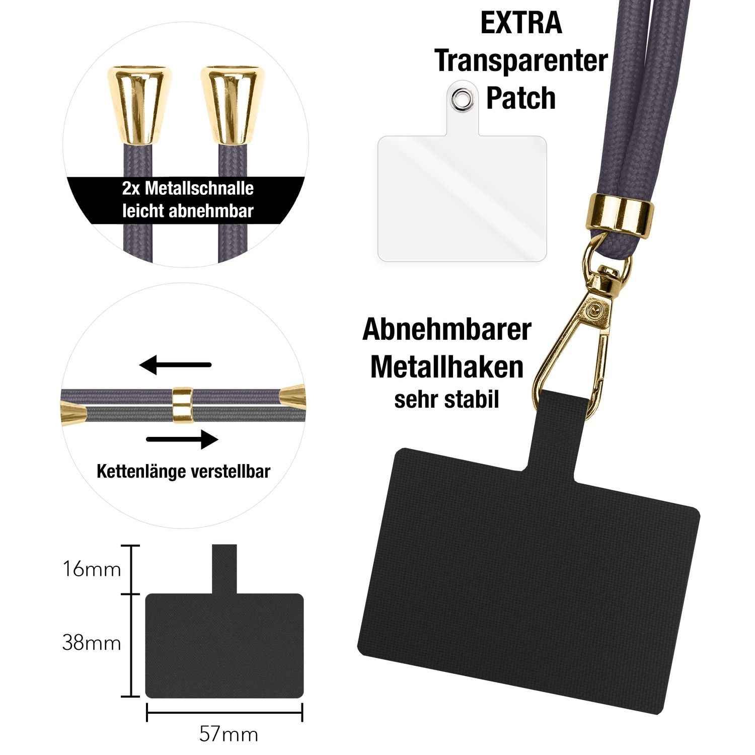 NALIA Universal-Kette mit Pad, Band für Handy-Hülle zum Umhängen, Karabinerhaken aus Metall (gold), Schlüsselband Umhängeband 160 CM, Crossbody Lanyard