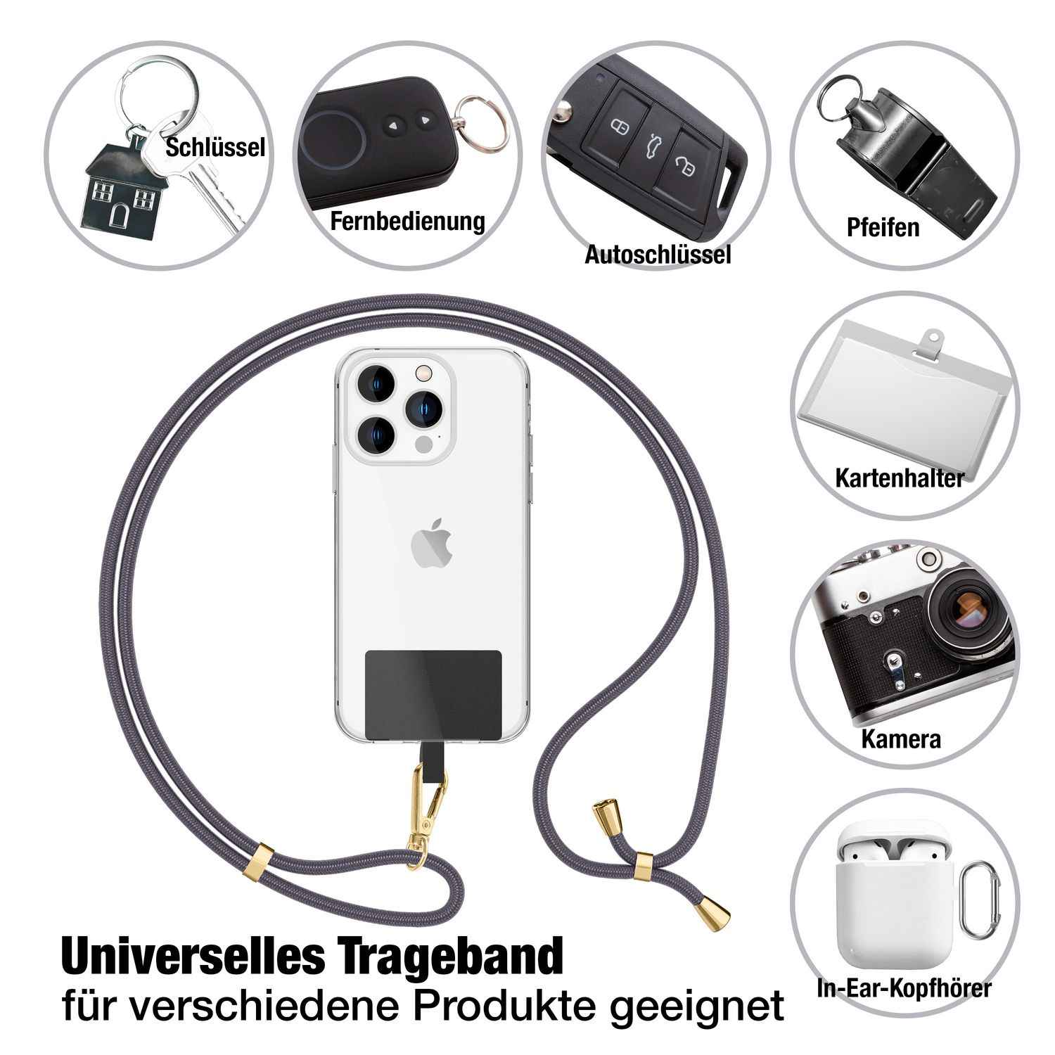 NALIA Universal-Kette mit Pad, Band für Handy-Hülle zum Umhängen, Karabinerhaken aus Metall (gold), Schlüsselband Umhängeband 160 CM, Crossbody Lanyard