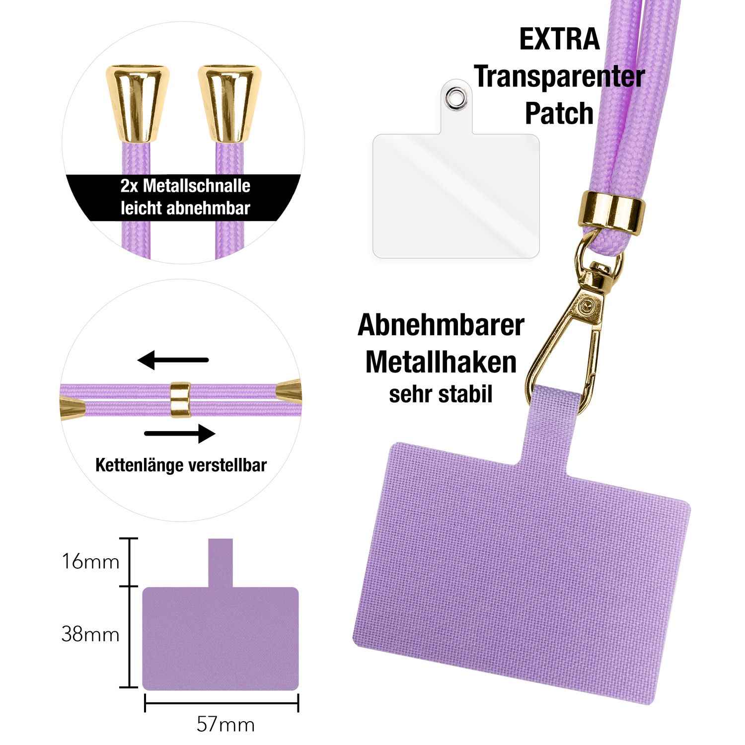 NALIA Universal-Kette mit Pad, Band für Handy-Hülle zum Umhängen, Karabinerhaken aus Metall (gold), Schlüsselband Umhängeband 160 CM, Crossbody Lanyard