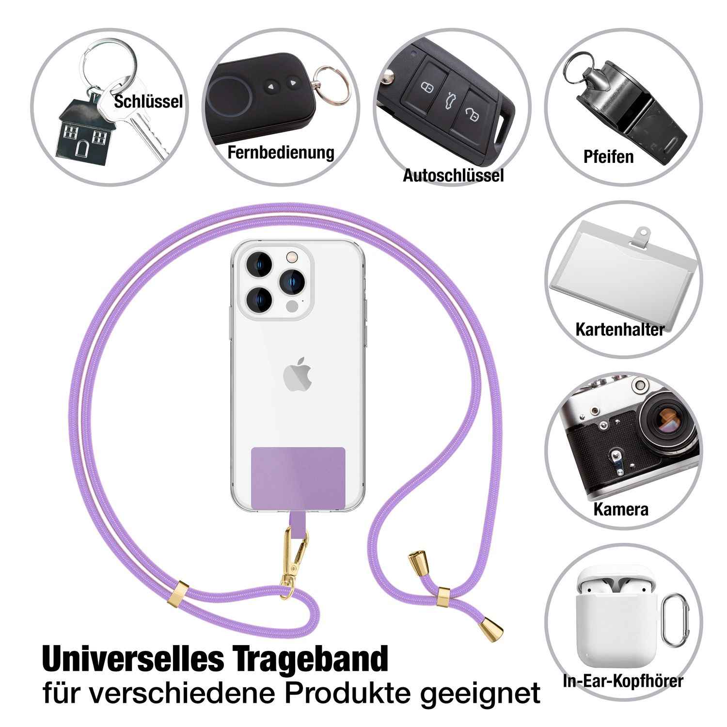 NALIA Universal-Kette mit Pad, Band für Handy-Hülle zum Umhängen, Karabinerhaken aus Metall (gold), Schlüsselband Umhängeband 160 CM, Crossbody Lanyard