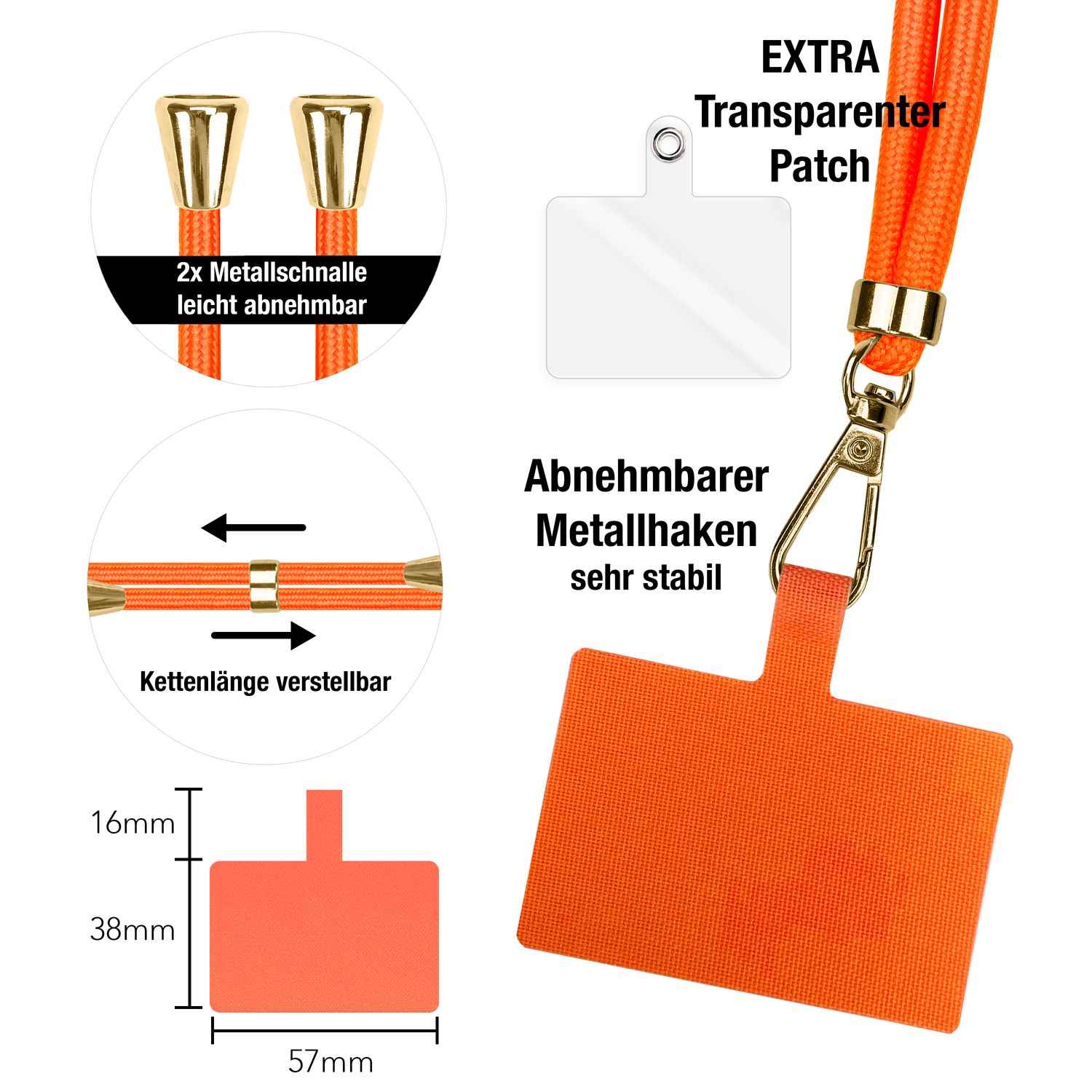 NALIA Universal-Kette mit Pad, Band für Handy-Hülle zum Umhängen, Karabinerhaken aus Metall (gold), Schlüsselband Umhängeband 160 CM, Crossbody Lanyard