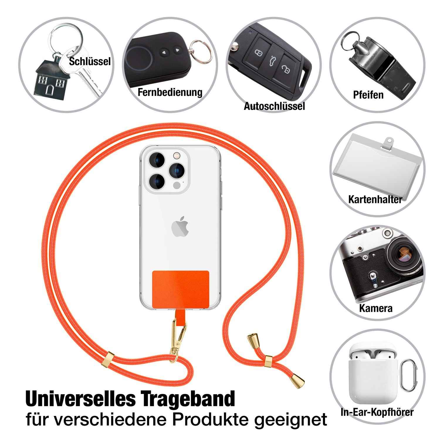 NALIA Universal-Kette mit Pad, Band für Handy-Hülle zum Umhängen, Karabinerhaken aus Metall (gold), Schlüsselband Umhängeband 160 CM, Crossbody Lanyard
