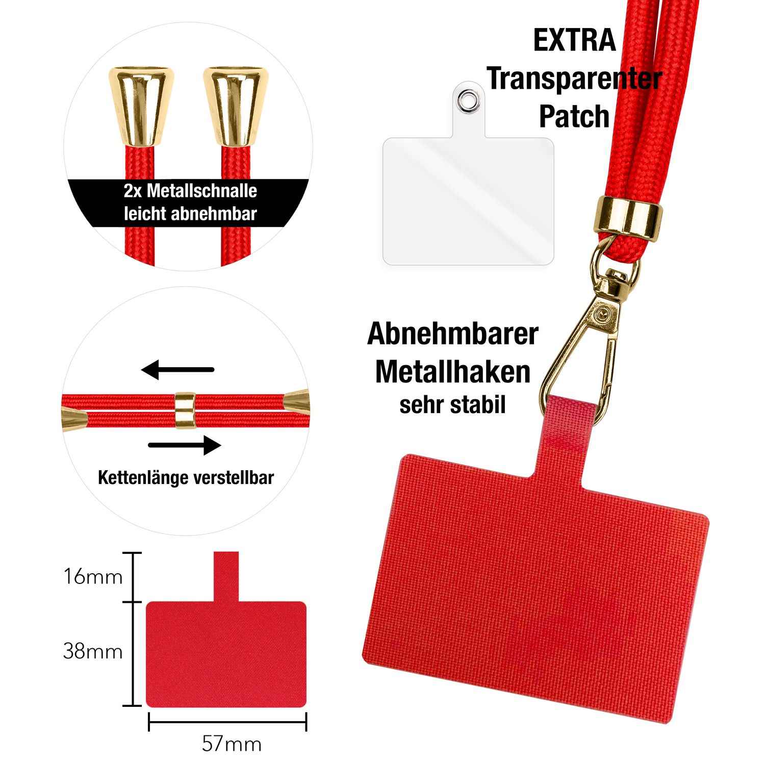 NALIA Universal-Kette mit Pad, Band für Handy-Hülle zum Umhängen, Karabinerhaken aus Metall (gold), Schlüsselband Umhängeband 160 CM, Crossbody Lanyard