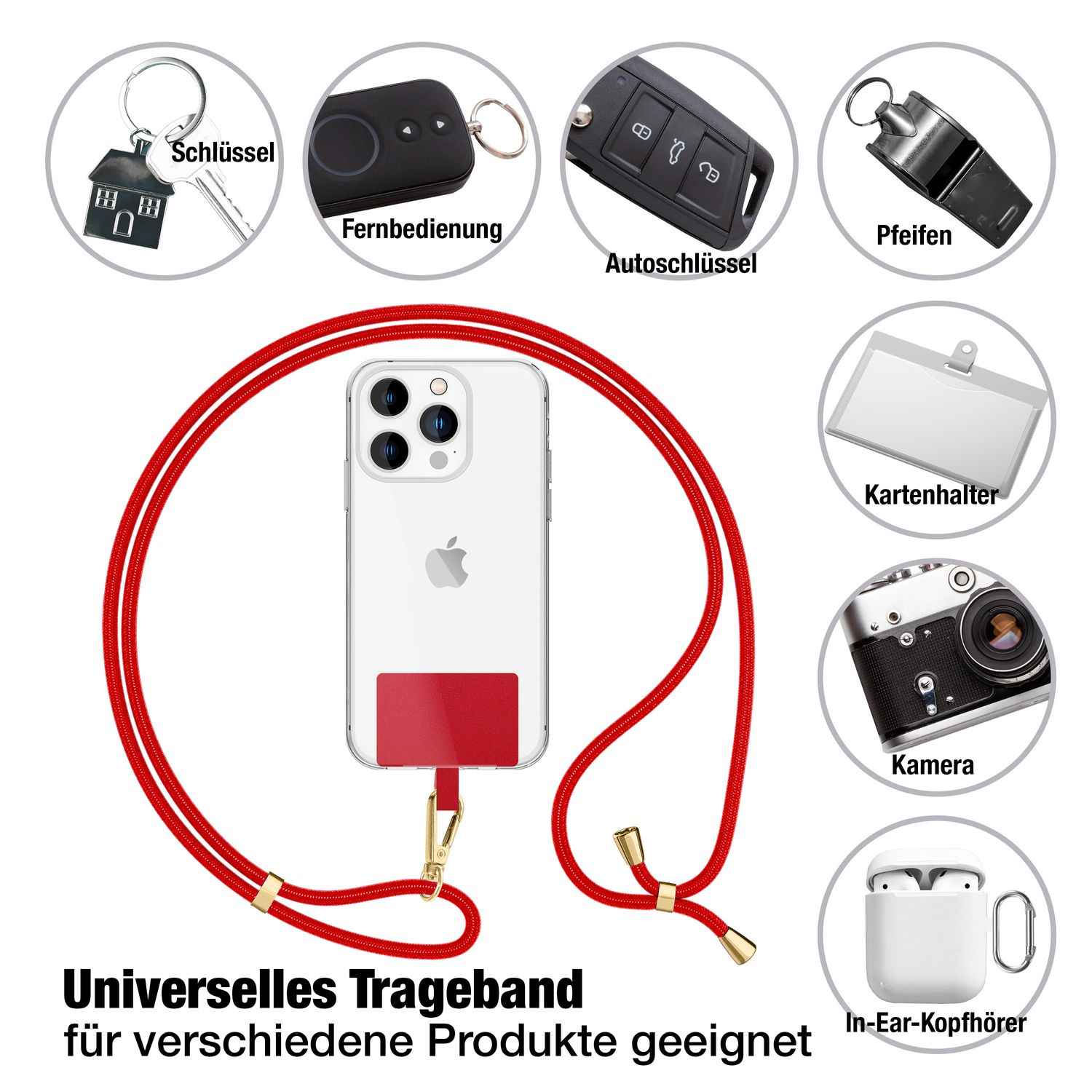 NALIA Universal-Kette mit Pad, Band für Handy-Hülle zum Umhängen, Karabinerhaken aus Metall (gold), Schlüsselband Umhängeband 160 CM, Crossbody Lanyard