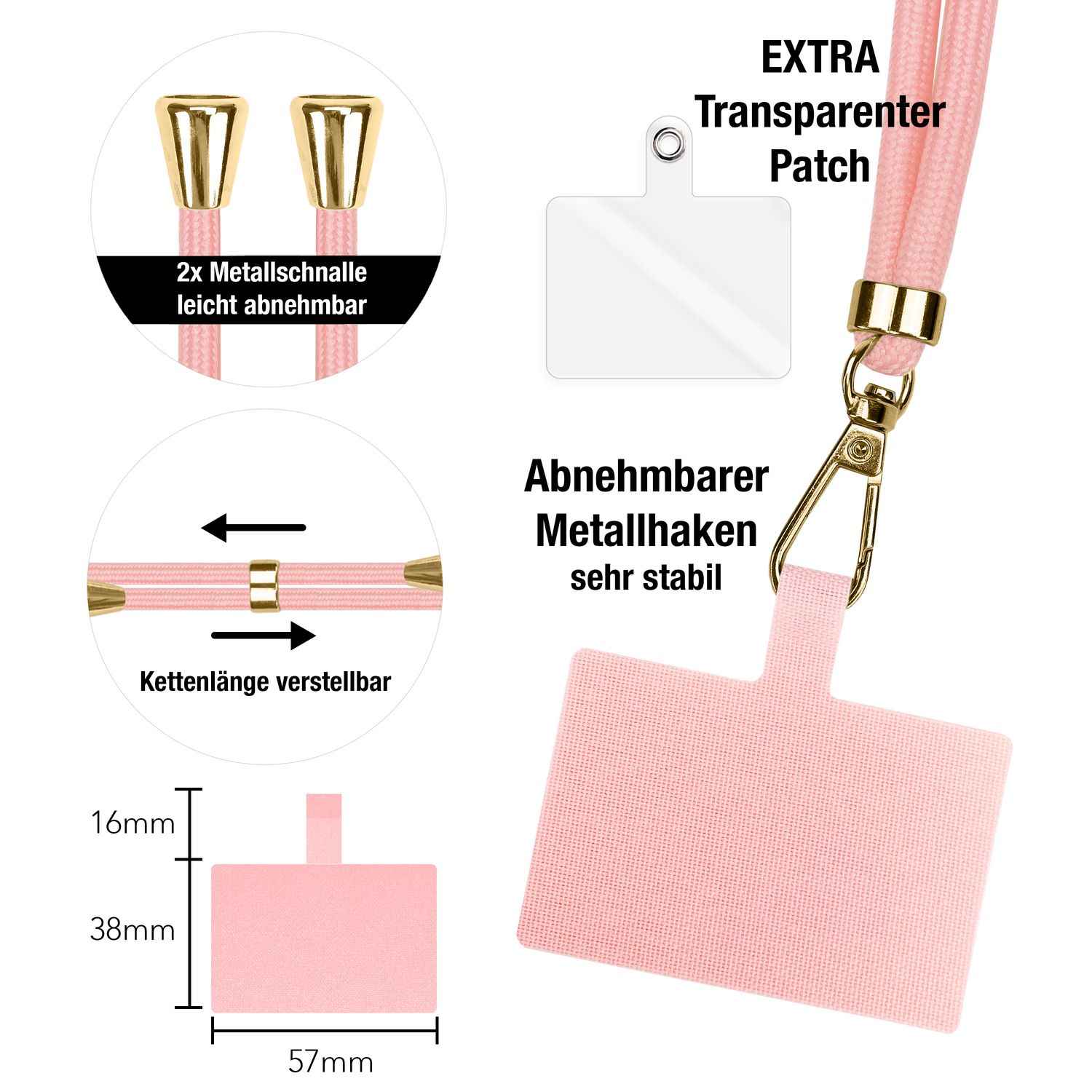 NALIA Universal-Kette mit Pad, Band für Handy-Hülle zum Umhängen, Karabinerhaken aus Metall (gold), Schlüsselband Umhängeband 160 CM, Crossbody Lanyard