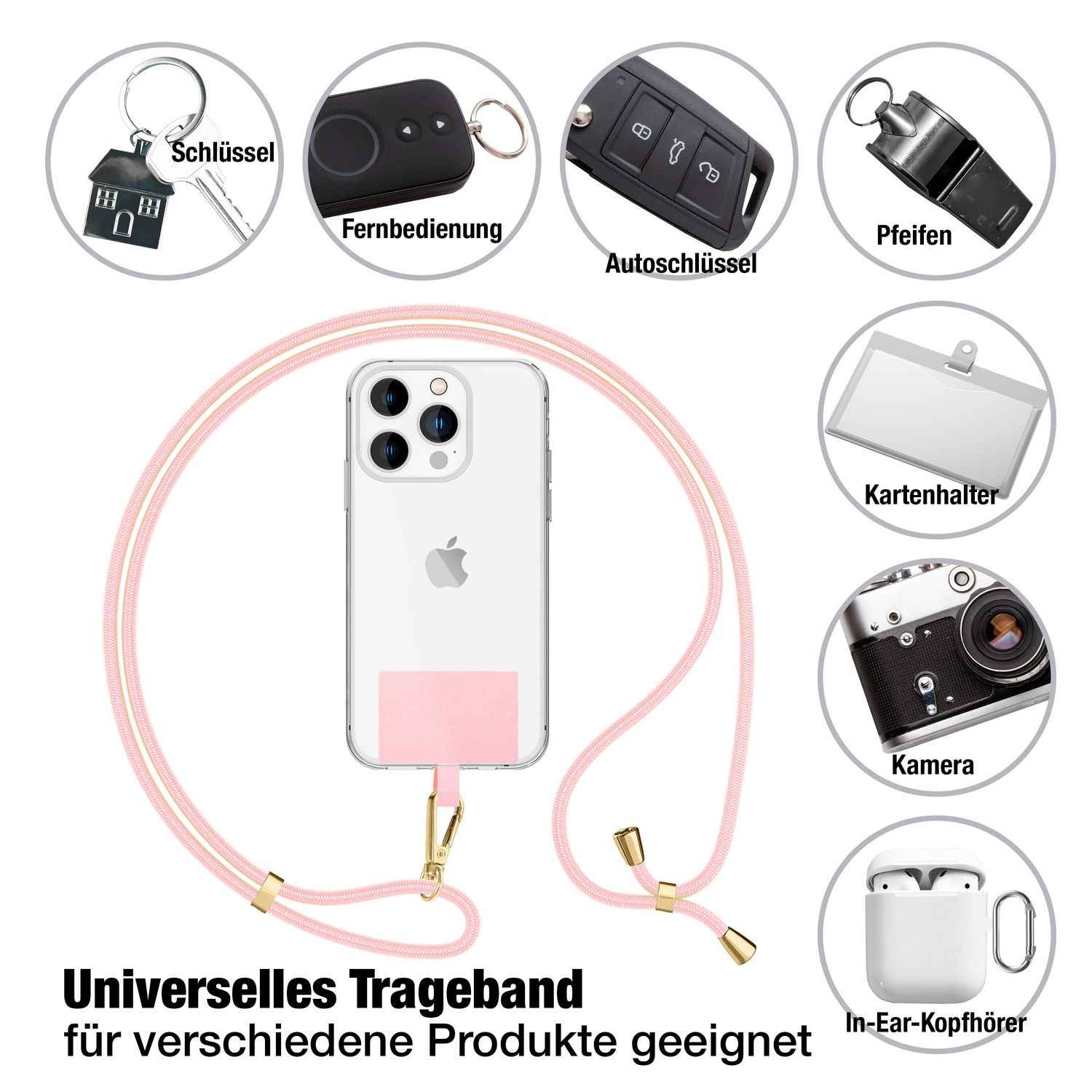NALIA Universal-Kette mit Pad, Band für Handy-Hülle zum Umhängen, Karabinerhaken aus Metall (gold), Schlüsselband Umhängeband 160 CM, Crossbody Lanyard