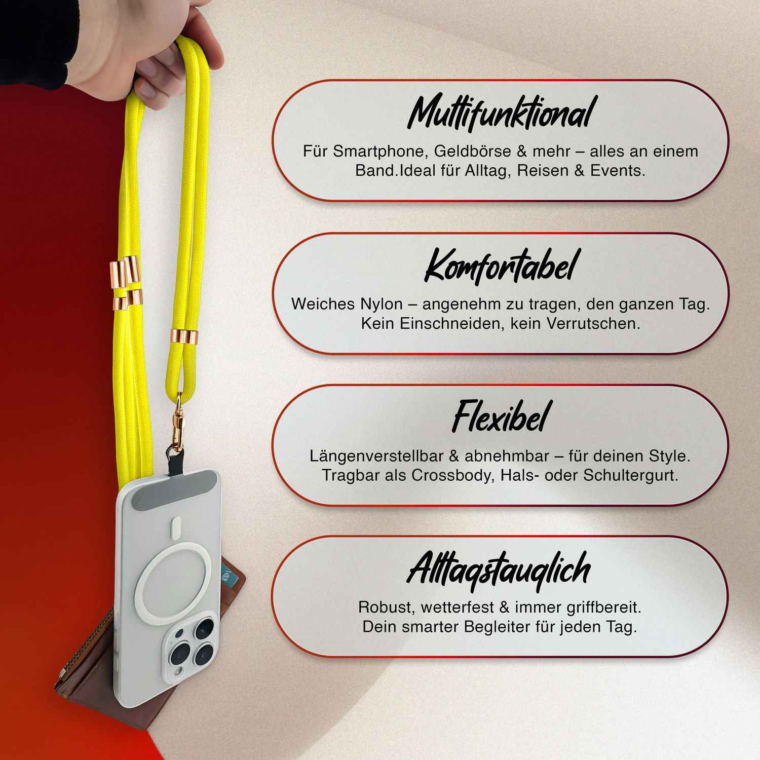 NALIA HoldMe Universal Handykette für Smartphone & Handyhüllen, Nylon-Seil Verstellbar & Abnehmbar, Umhänge-Band, Handyband, Lanyard mit Karabiner & 2 Patches