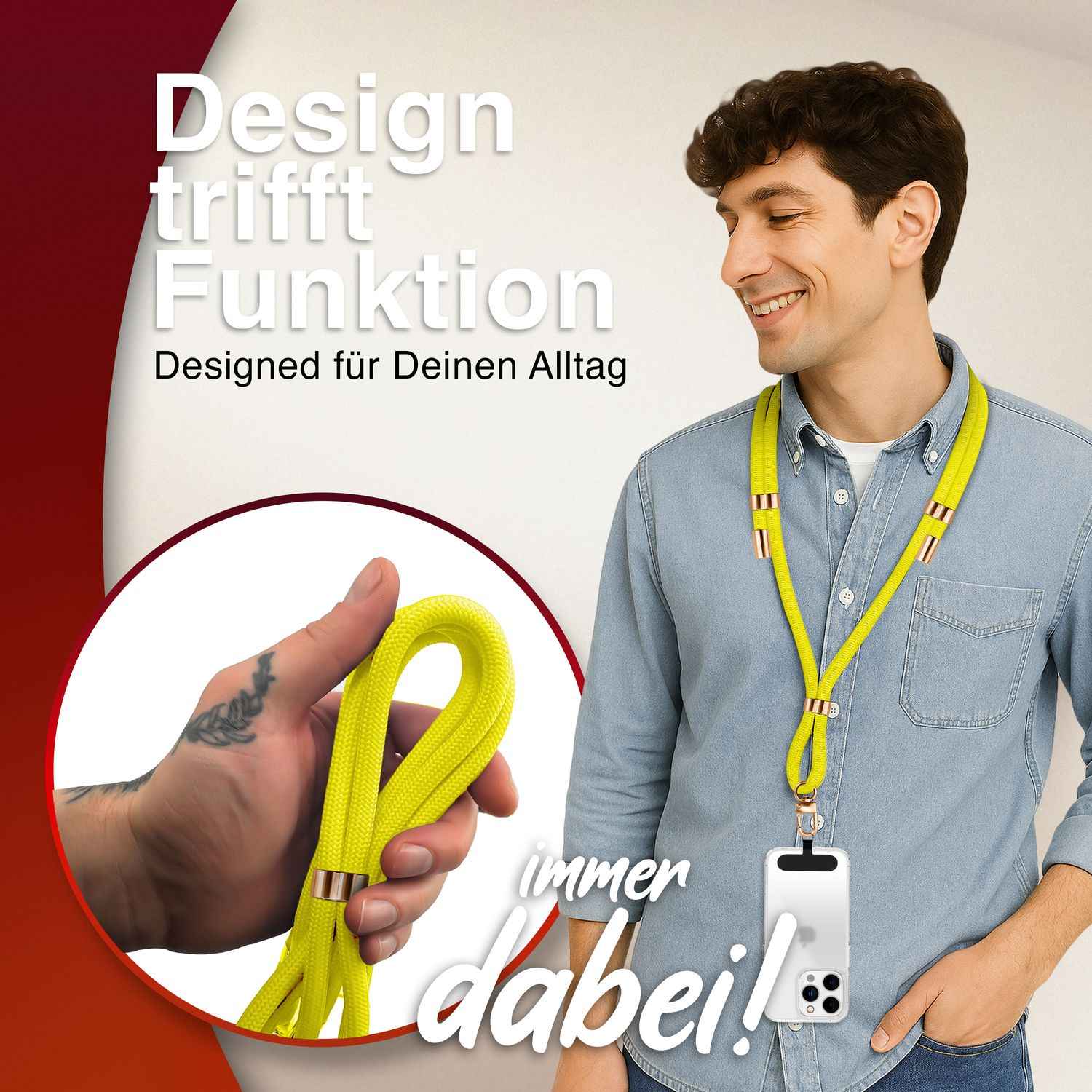 NALIA HoldMe Universal Handykette für Smartphone & Handyhüllen, Nylon-Seil Verstellbar & Abnehmbar, Umhänge-Band, Handyband, Lanyard mit Karabiner & 2 Patches