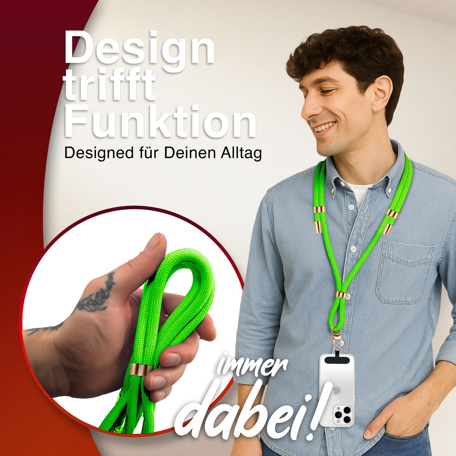 Handykette Nylon verstellbar abnehmbar mit Karabiner & 2 Patches | NALIA Berlin