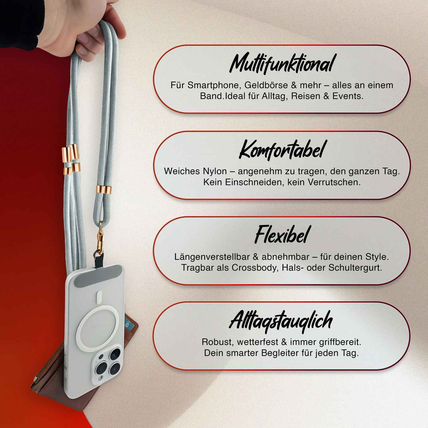 NALIA HoldMe Universal Handykette für Smartphone & Handyhüllen, Nylon-Seil Verstellbar & Abnehmbar, Umhänge-Band, Handyband, Lanyard mit Karabiner & 2 Patches