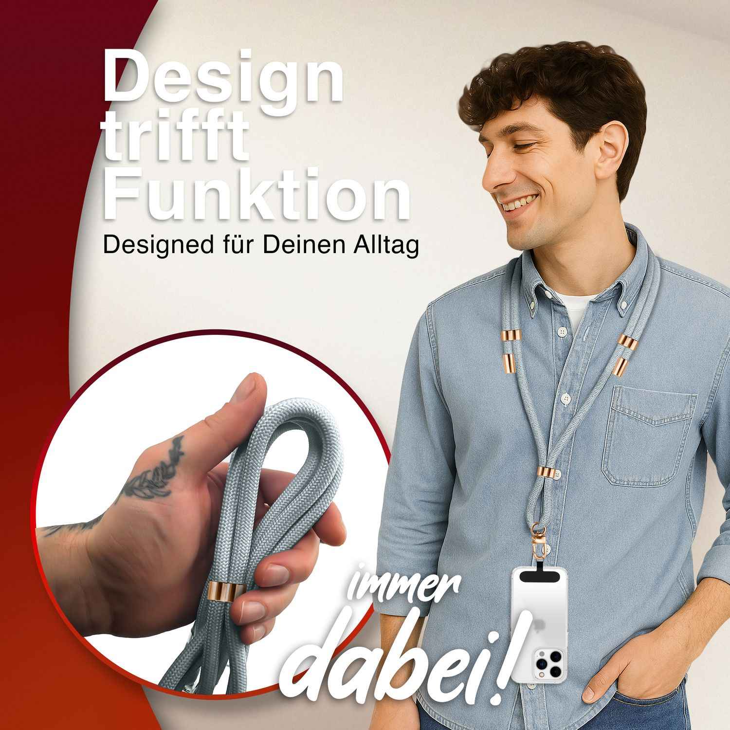 NALIA HoldMe Universal Handykette für Smartphone & Handyhüllen, Nylon-Seil Verstellbar & Abnehmbar, Umhänge-Band, Handyband, Lanyard mit Karabiner & 2 Patches