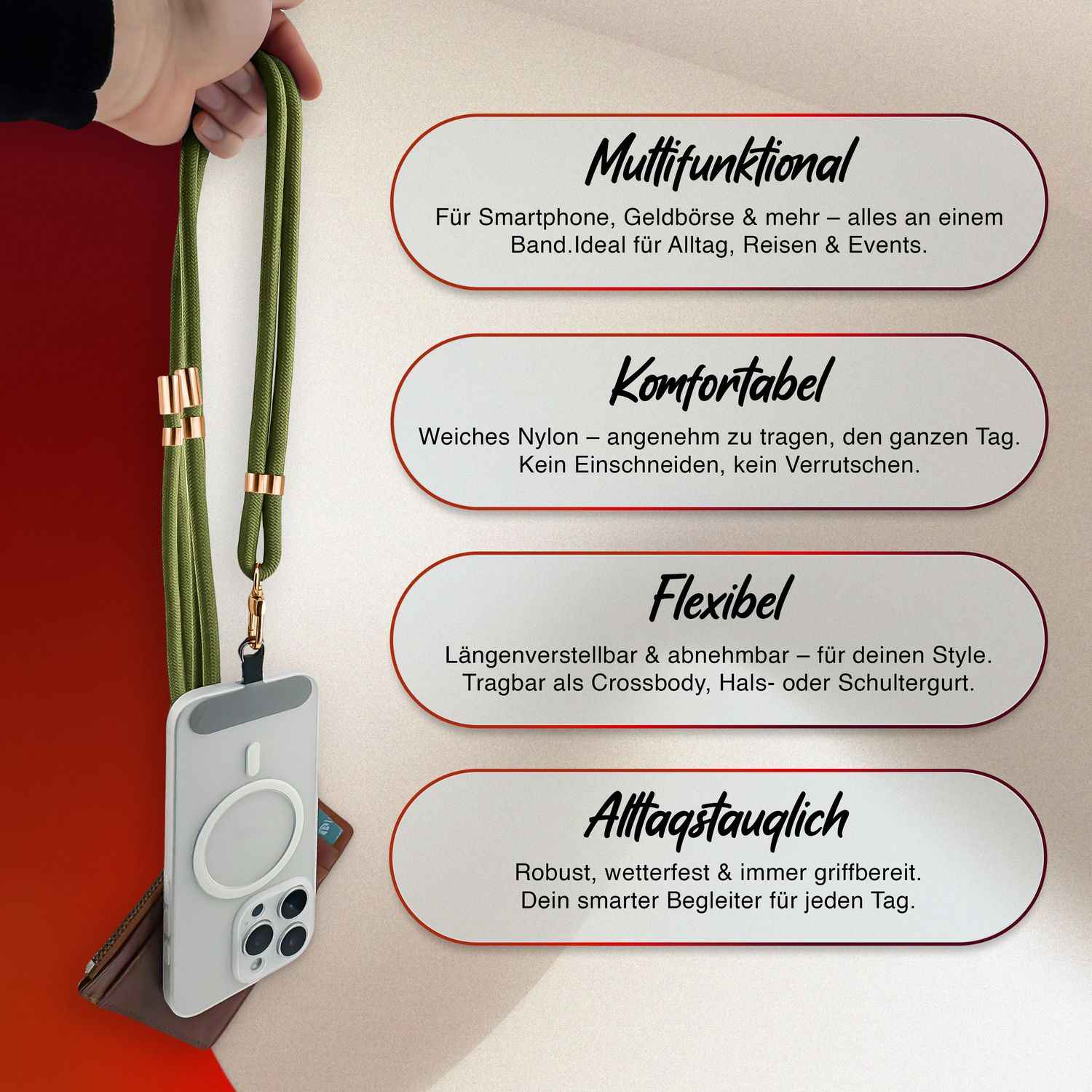 NALIA HoldMe Universal Handykette für Smartphone & Handyhüllen, Nylon-Seil Verstellbar & Abnehmbar, Umhänge-Band, Handyband, Lanyard mit Karabiner & 2 Patches