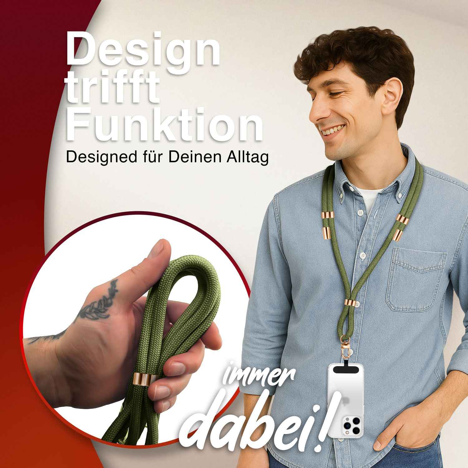 NALIA HoldMe Universal Handykette für Smartphone & Handyhüllen, Nylon-Seil Verstellbar & Abnehmbar, Umhänge-Band, Handyband, Lanyard mit Karabiner & 2 Patches
