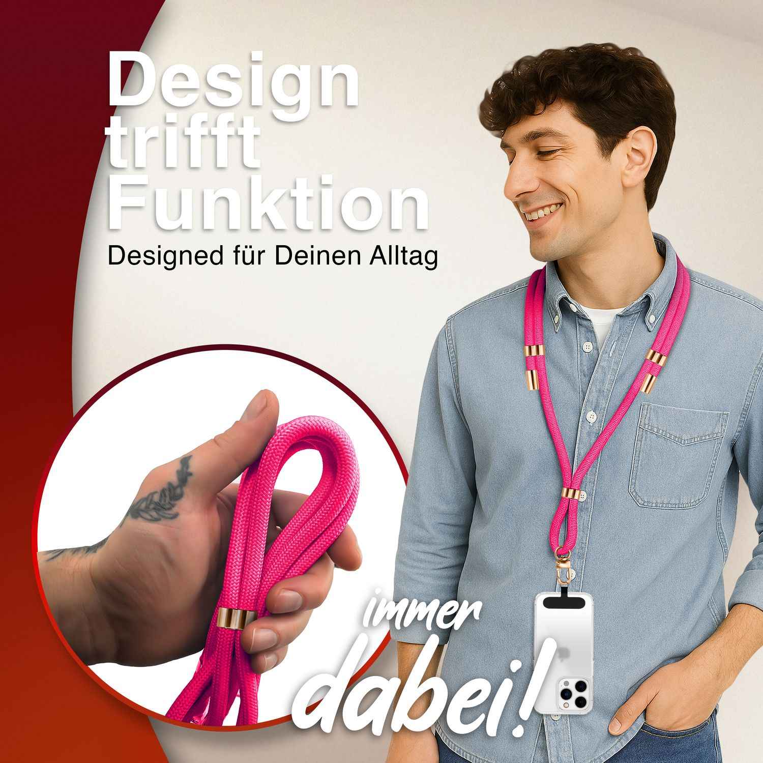 NALIA HoldMe Universal Handykette für Smartphone & Handyhüllen, Nylon-Seil Verstellbar & Abnehmbar, Umhänge-Band, Handyband, Lanyard mit Karabiner & 2 Patches