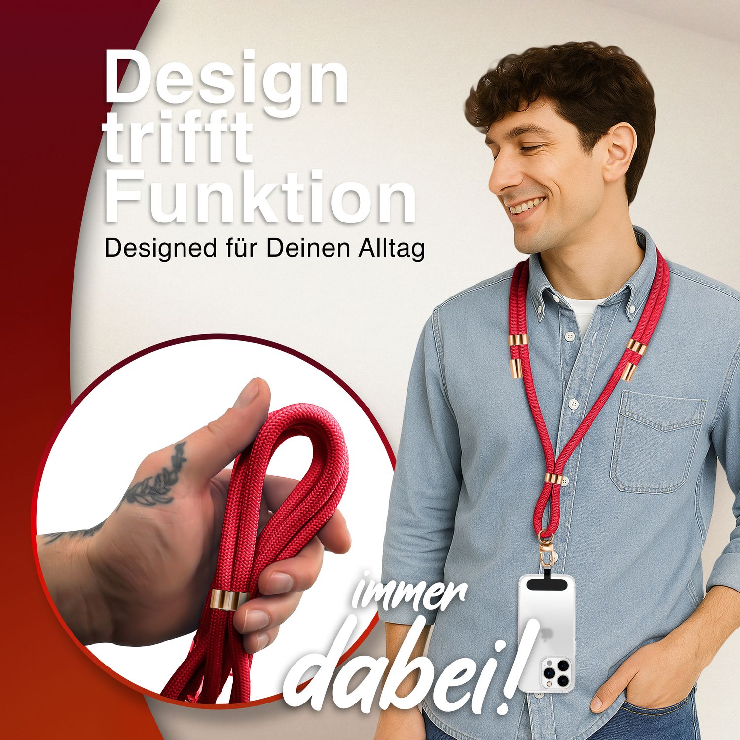 Handykette Nylon verstellbar abnehmbar mit Karabiner & 2 Patches | NALIA Berlin