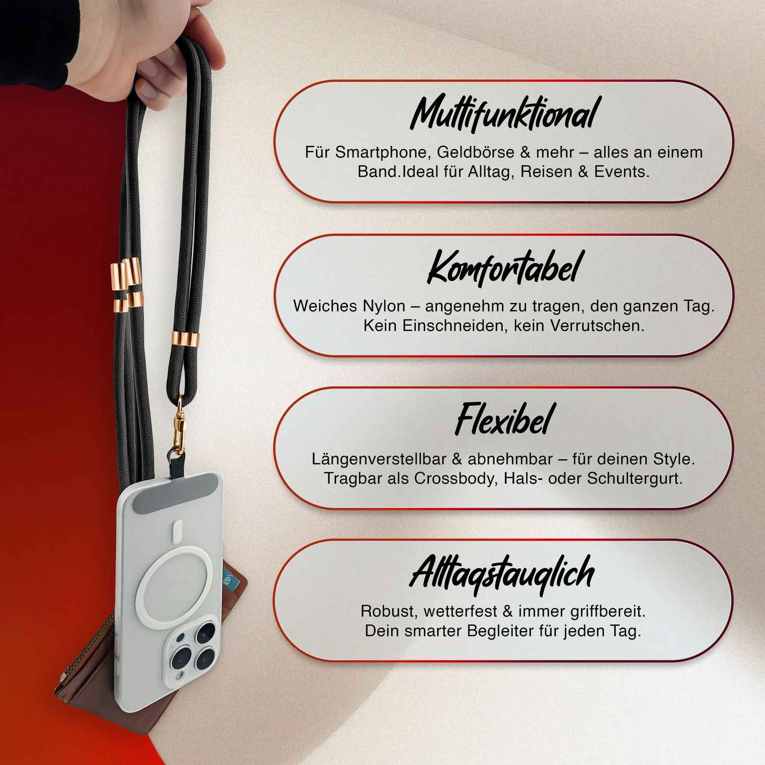 NALIA HoldMe Universal Handykette für Smartphone & Handyhüllen, Nylon-Seil Verstellbar & Abnehmbar, Umhänge-Band, Handyband, Lanyard mit Karabiner & 2 Patches