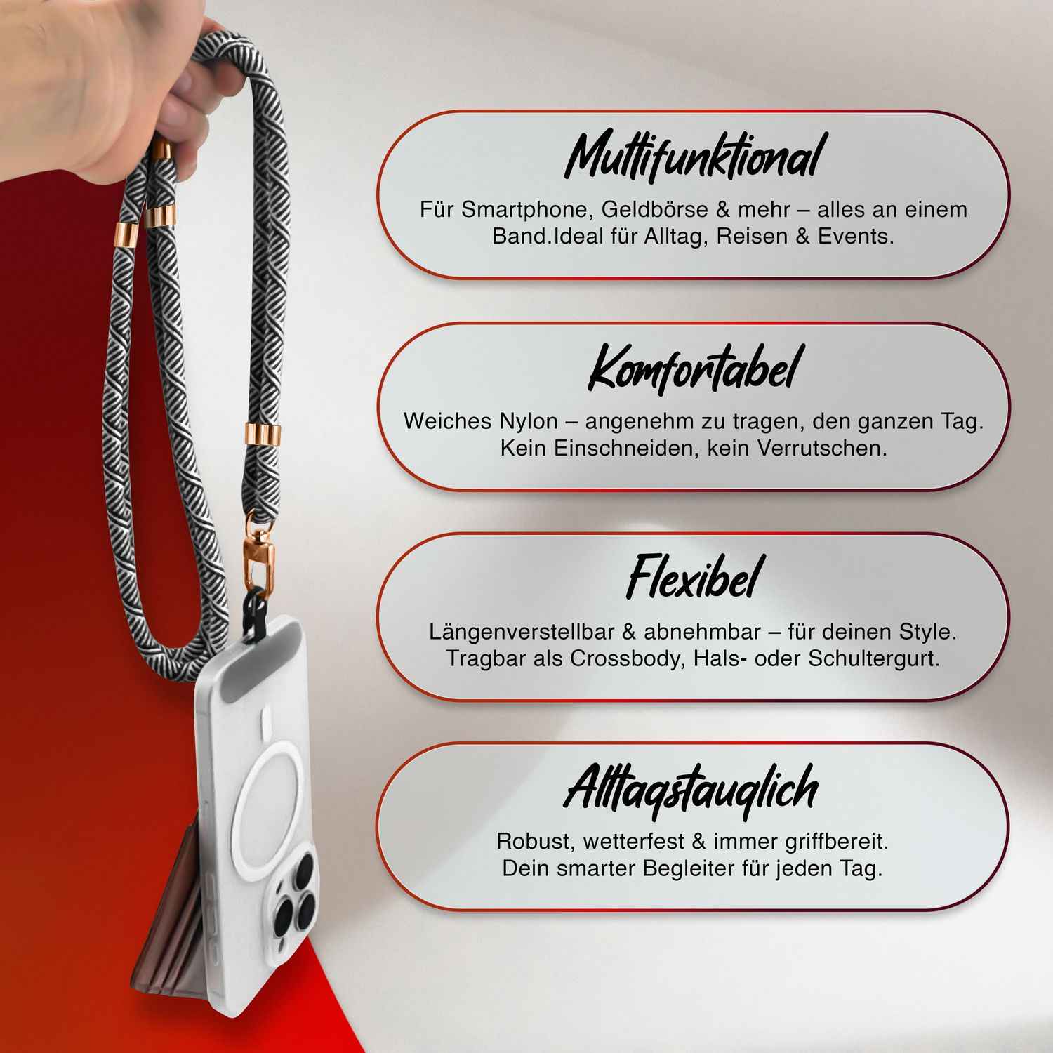 NALIA HoldMe Universal Handykette für Smartphone & Handyhüllen, Nylon-Seil Verstellbar & Abnehmbar, Umhänge-Band, Handyband, Lanyard mit Karabiner & 2 Patches