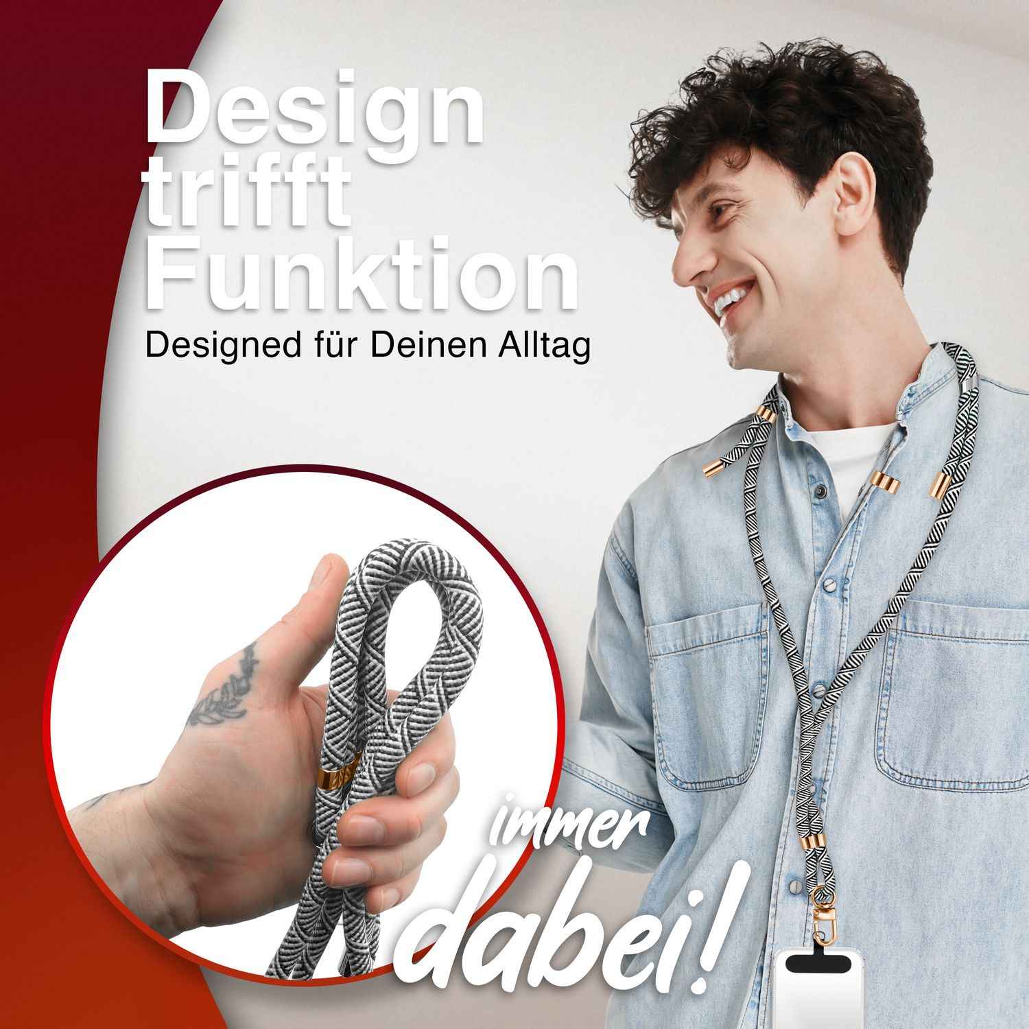NALIA HoldMe Universal Handykette für Smartphone & Handyhüllen, Nylon-Seil Verstellbar & Abnehmbar, Umhänge-Band, Handyband, Lanyard mit Karabiner & 2 Patches