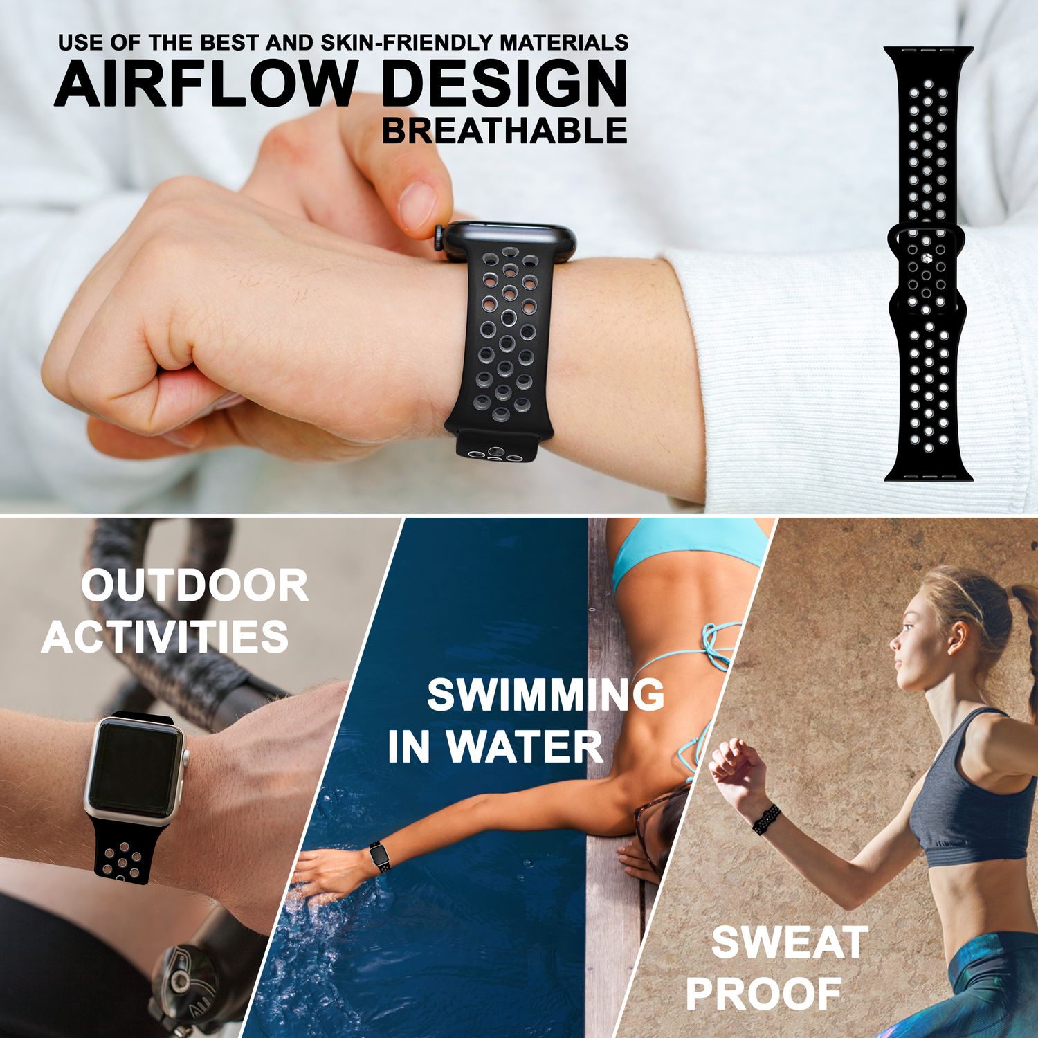 Silikon Armband Airflow für Apple Watch 42/44/45/49 mm schwarz | NALIA Berlin