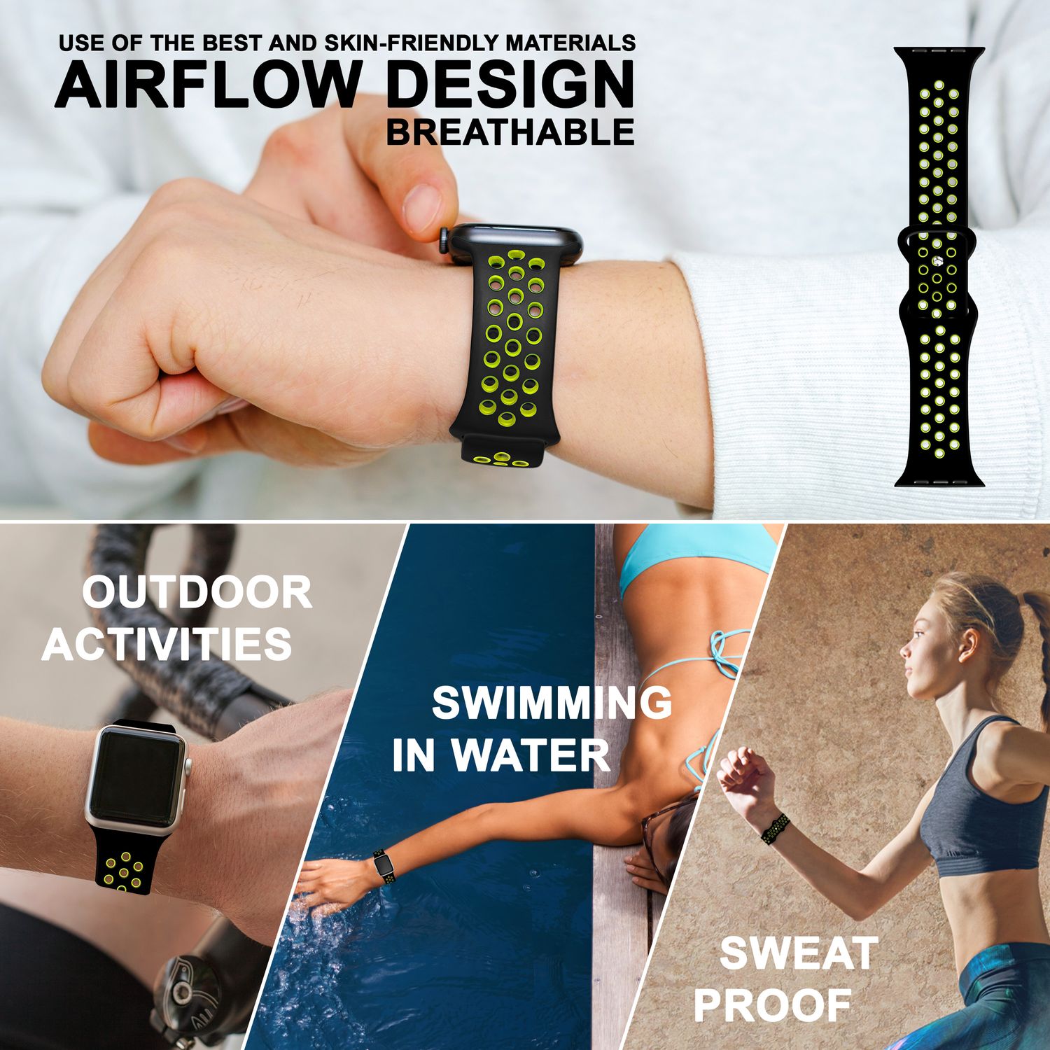 Silikon Armband Airflow für Apple Watch 42/44/45/49 mm schwarz | NALIA Berlin