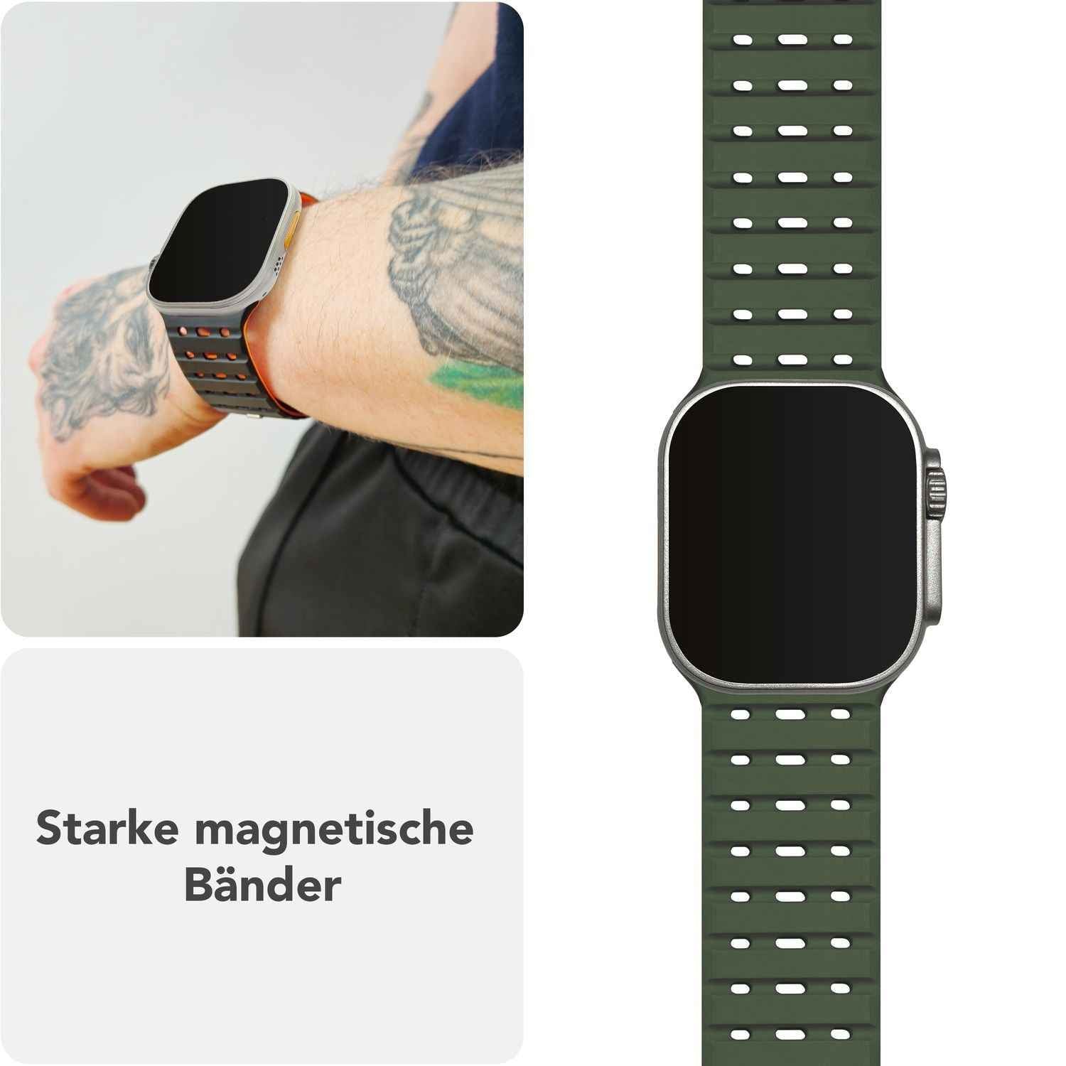 NALIA Volt Armband für Apple Watch Series Ultra/SE/10/9/8/7/6/5/4/3/2/1, Gehäusegröße 42/44/45/49mm, Silikon Magnet Loop Sportarmband mit Steck-Pin Verschluss