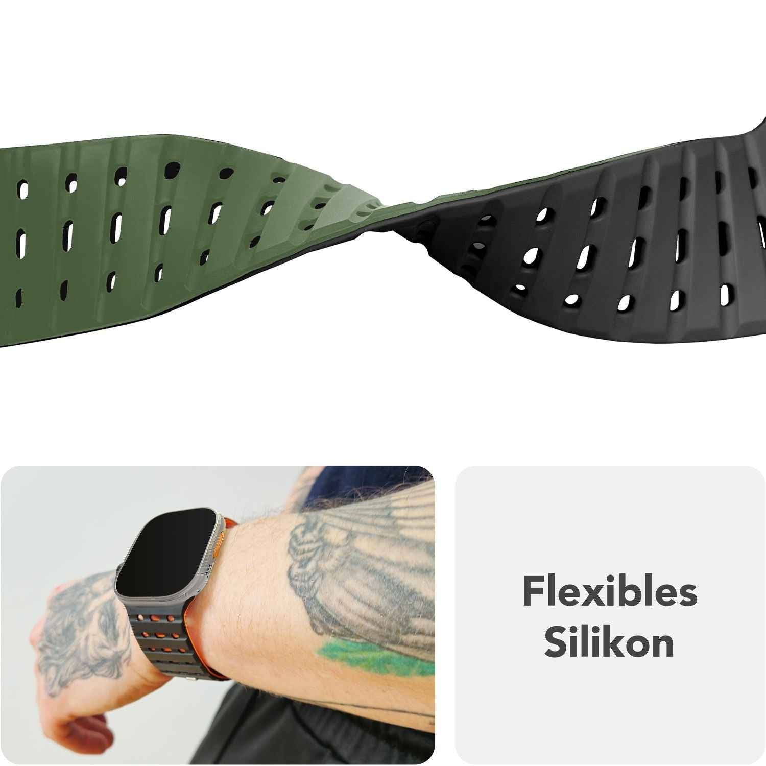 NALIA Volt Armband für Apple Watch Series Ultra/SE/10/9/8/7/6/5/4/3/2/1, Gehäusegröße 42/44/45/49mm, Silikon Magnet Loop Sportarmband mit Steck-Pin Verschluss